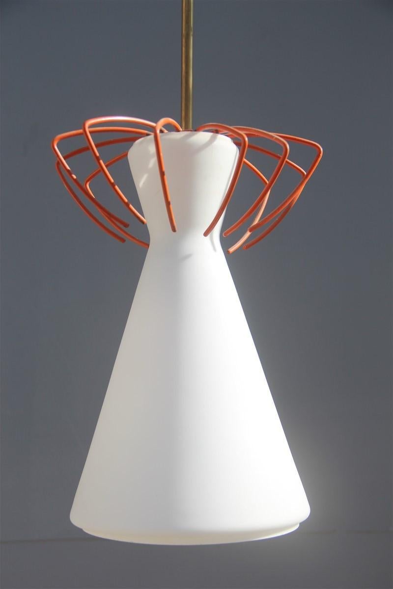 Metal Midcentury Geometric Lantern Pendant Italian Design Orange White Glass Brass For Sale