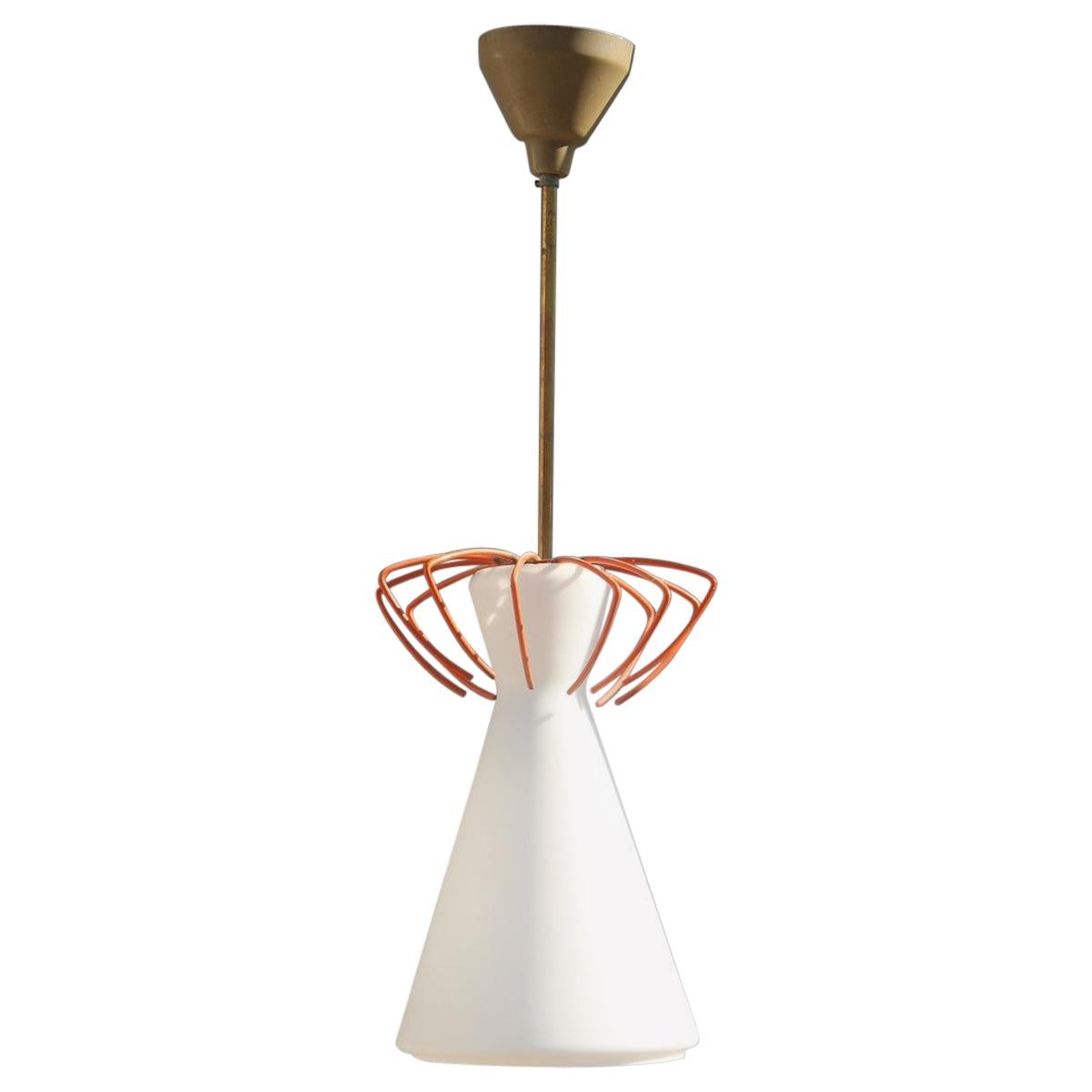Midcentury Geometric Lantern Pendant Italian Design Orange White Glass Brass For Sale