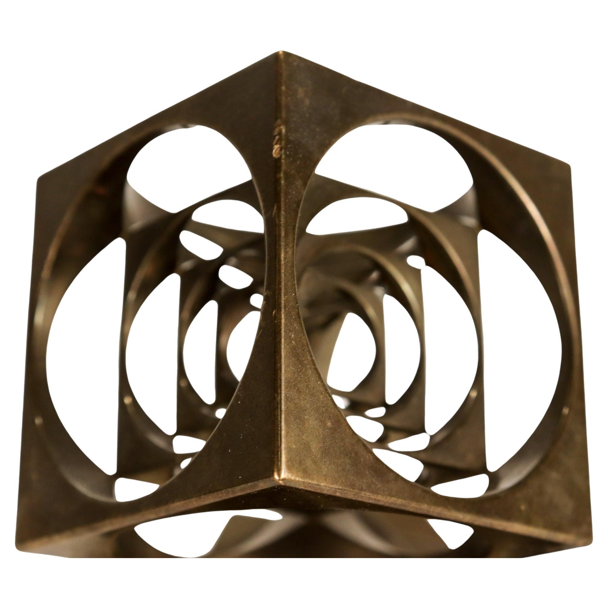 Midcentury Geometric Machined Bronze Turner's Cube Desk Paperweight / Sculpture 1