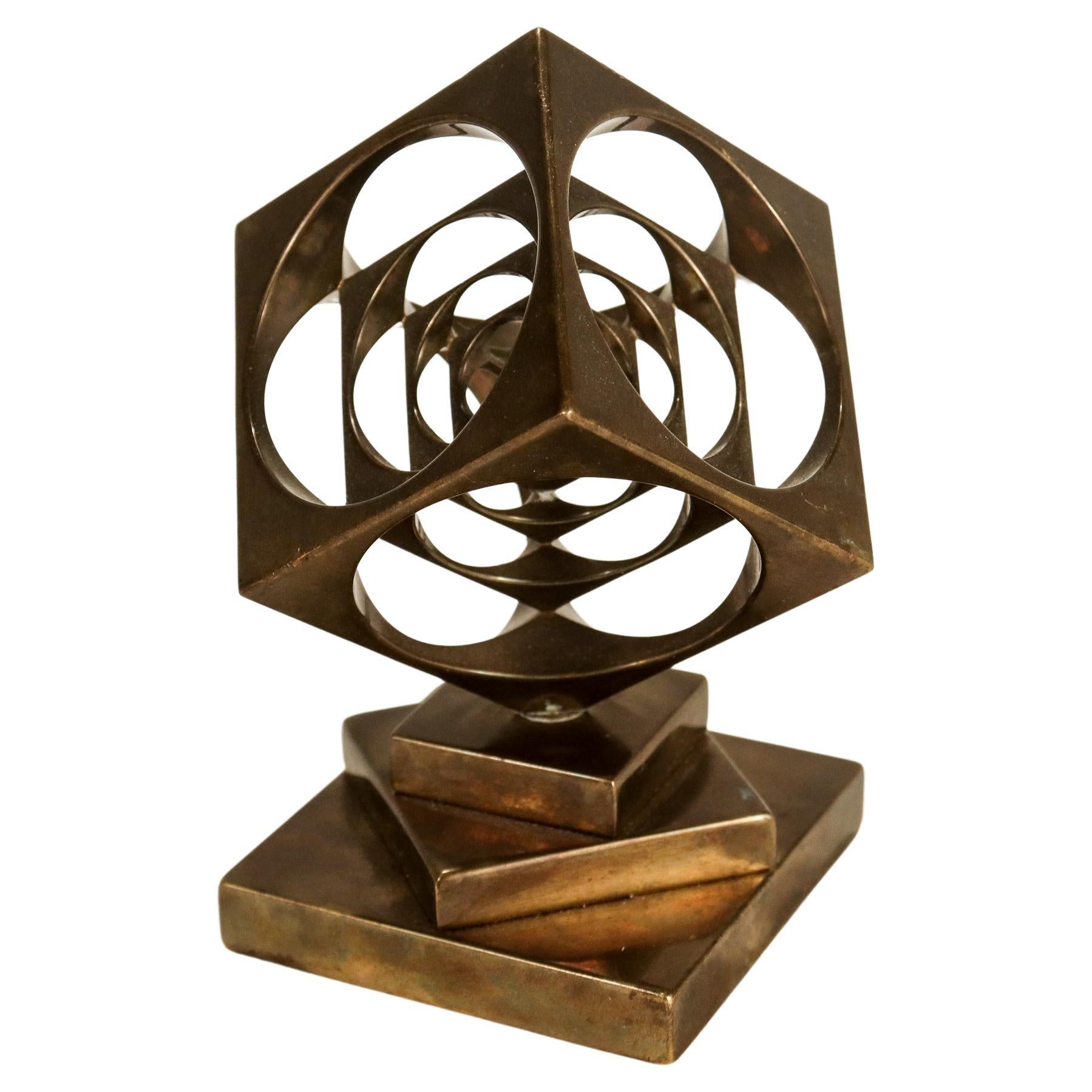 Mid-Century Modern Midcentury Geometric Machined Bronze Turner's Cube Desk Paperweight / Sculpture