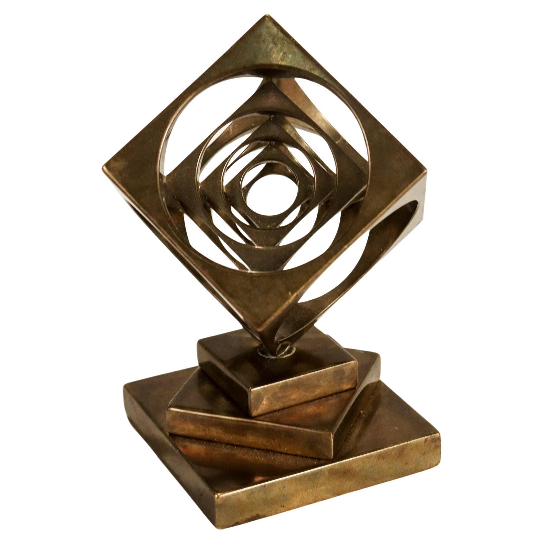 Unknown Midcentury Geometric Machined Bronze Turner's Cube Desk Paperweight / Sculpture