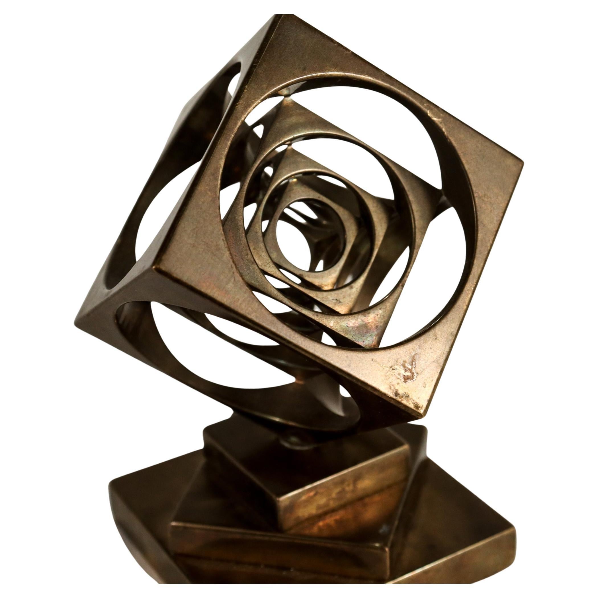 20th Century Midcentury Geometric Machined Bronze Turner's Cube Desk Paperweight / Sculpture