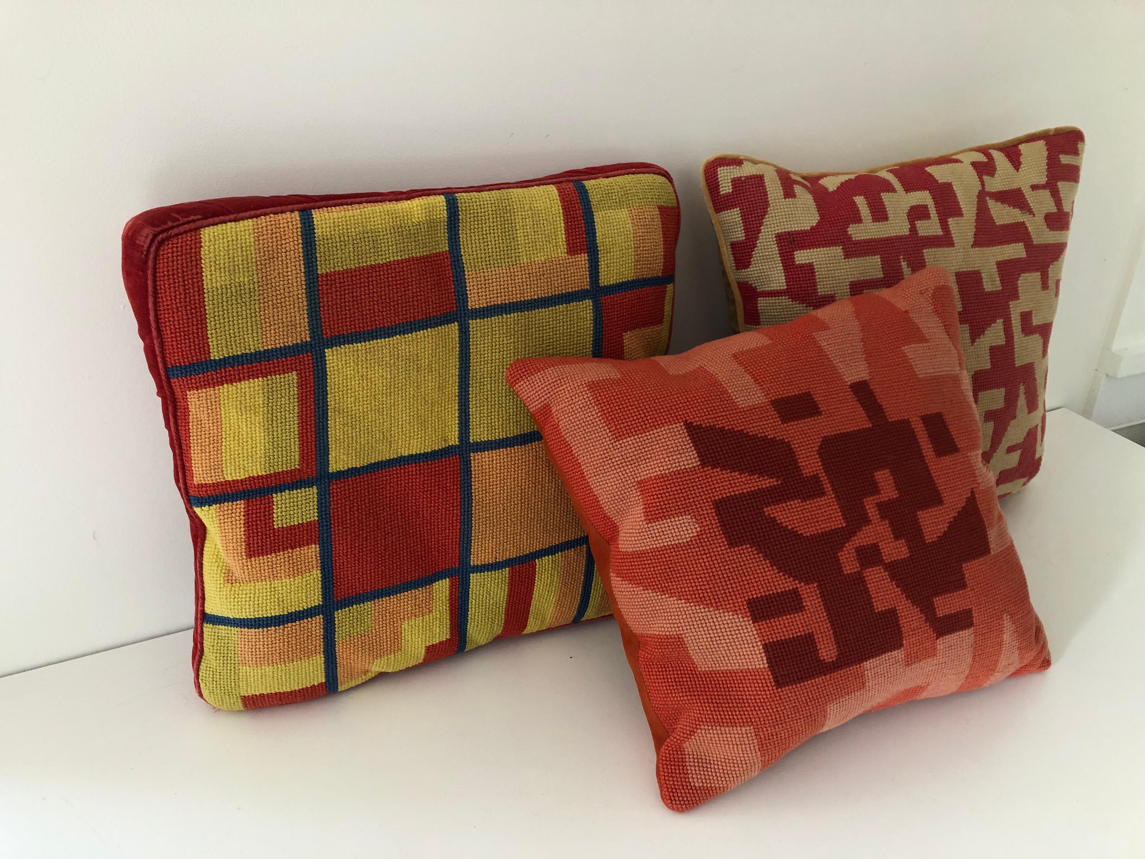 20th Century Midcentury Geometric Needlepoint Pillow