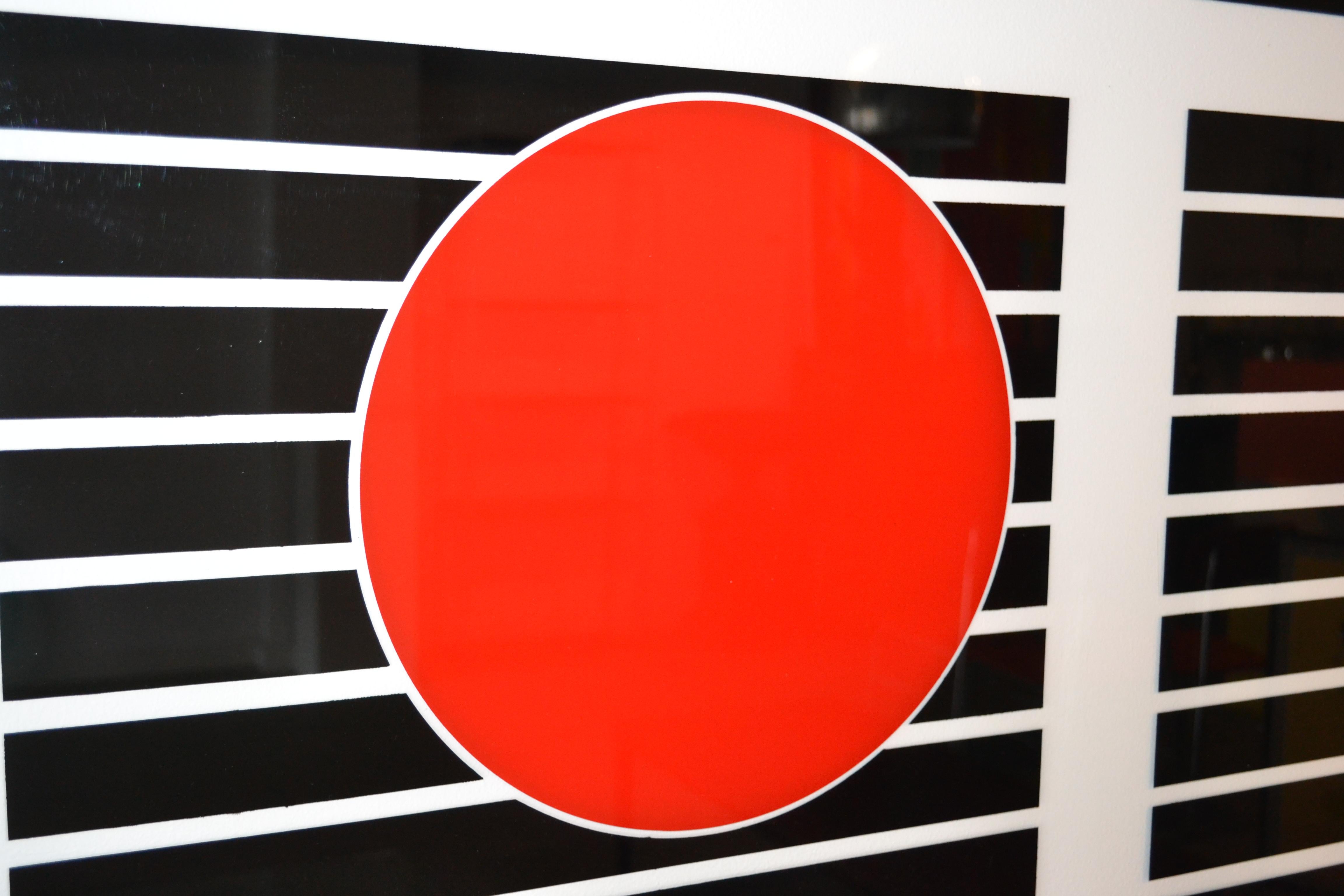Very cool midcentury Pop Art geometric pattern printed on plexiglass, mounting brackets included, signed.