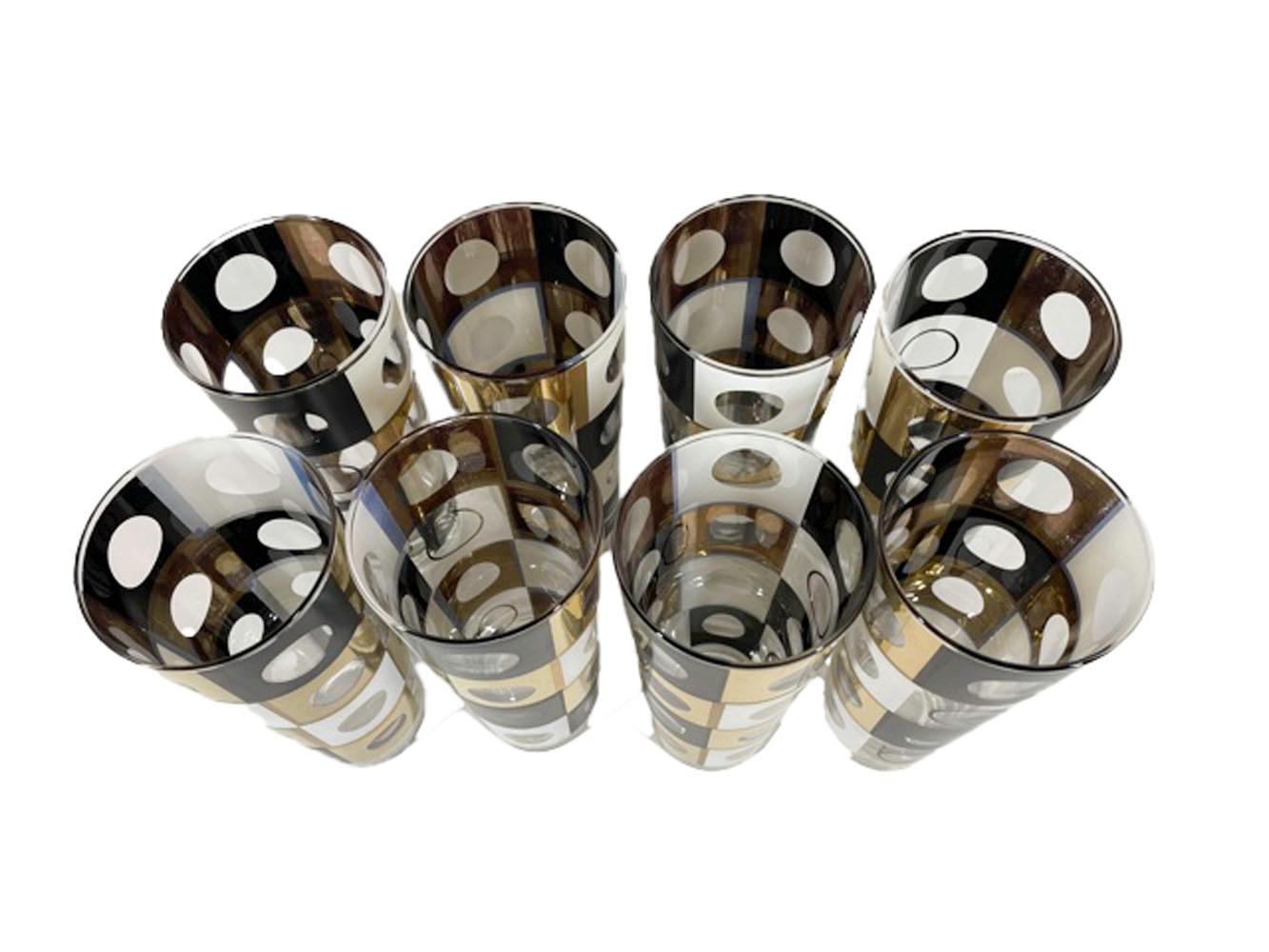 American Mid-Century Geometric Tom Collins Glasses in Black & White Enamel with 22k Gold For Sale