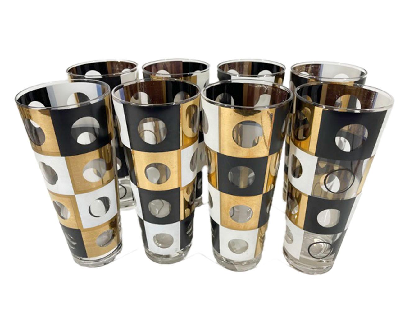 Mid-Century Geometric Tom Collins Glasses in Black & White Enamel with 22k Gold In Good Condition For Sale In Nantucket, MA