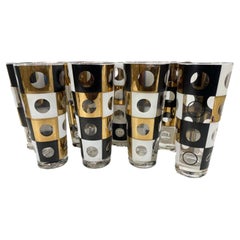 Mid-Century Geometric Tom Collins Glasses in Black & White Enamel with 22k Gold