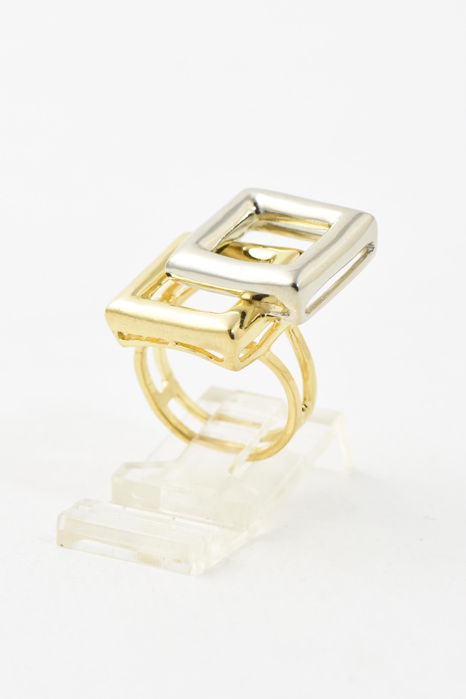 Geometric 18k Gold featuring layered 18k white gold & yellow gold squares. Just polished professionally - looks like new. US size 5.25 - can easily be sized.
