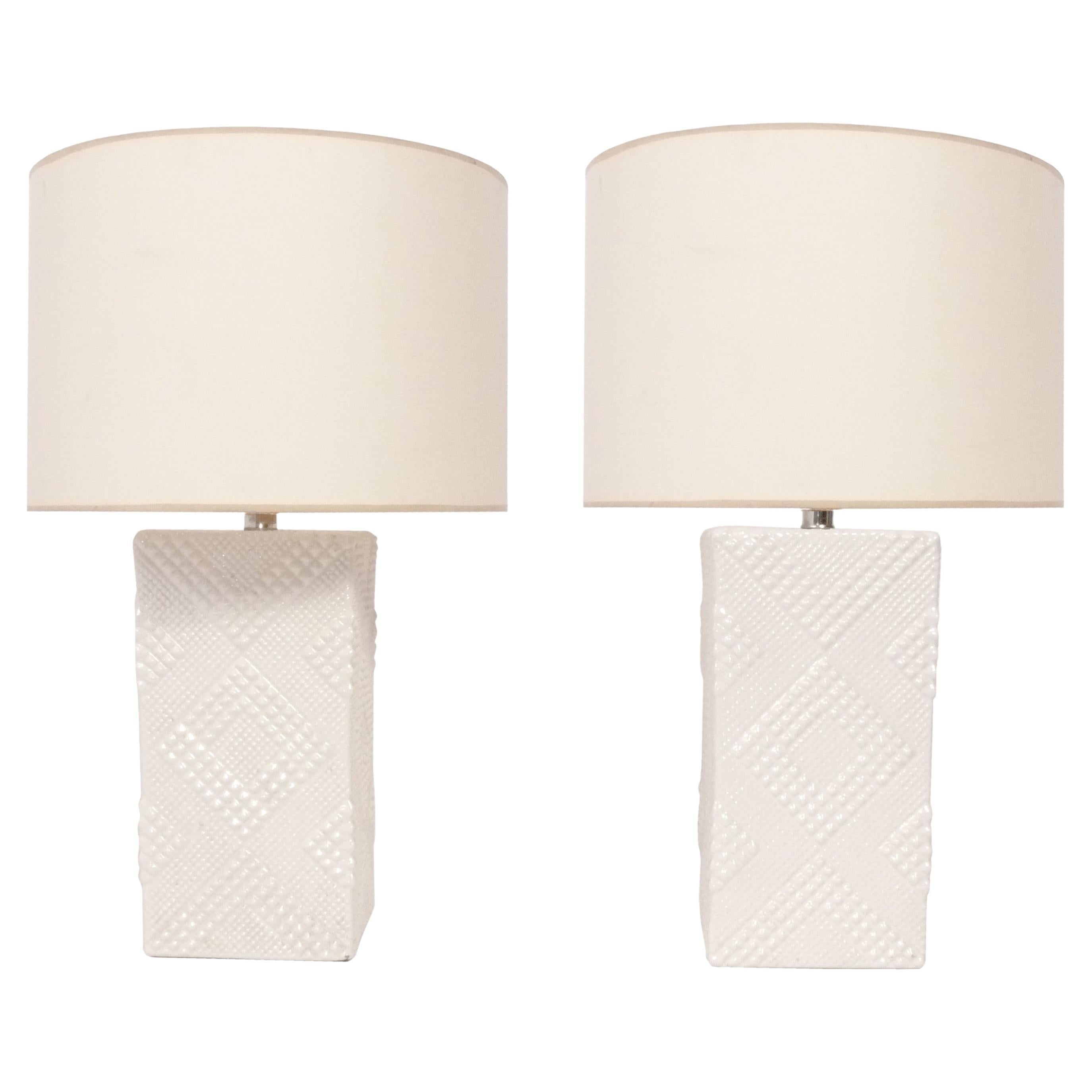 Mid Century Geometric White Ceramic Lamps For Sale