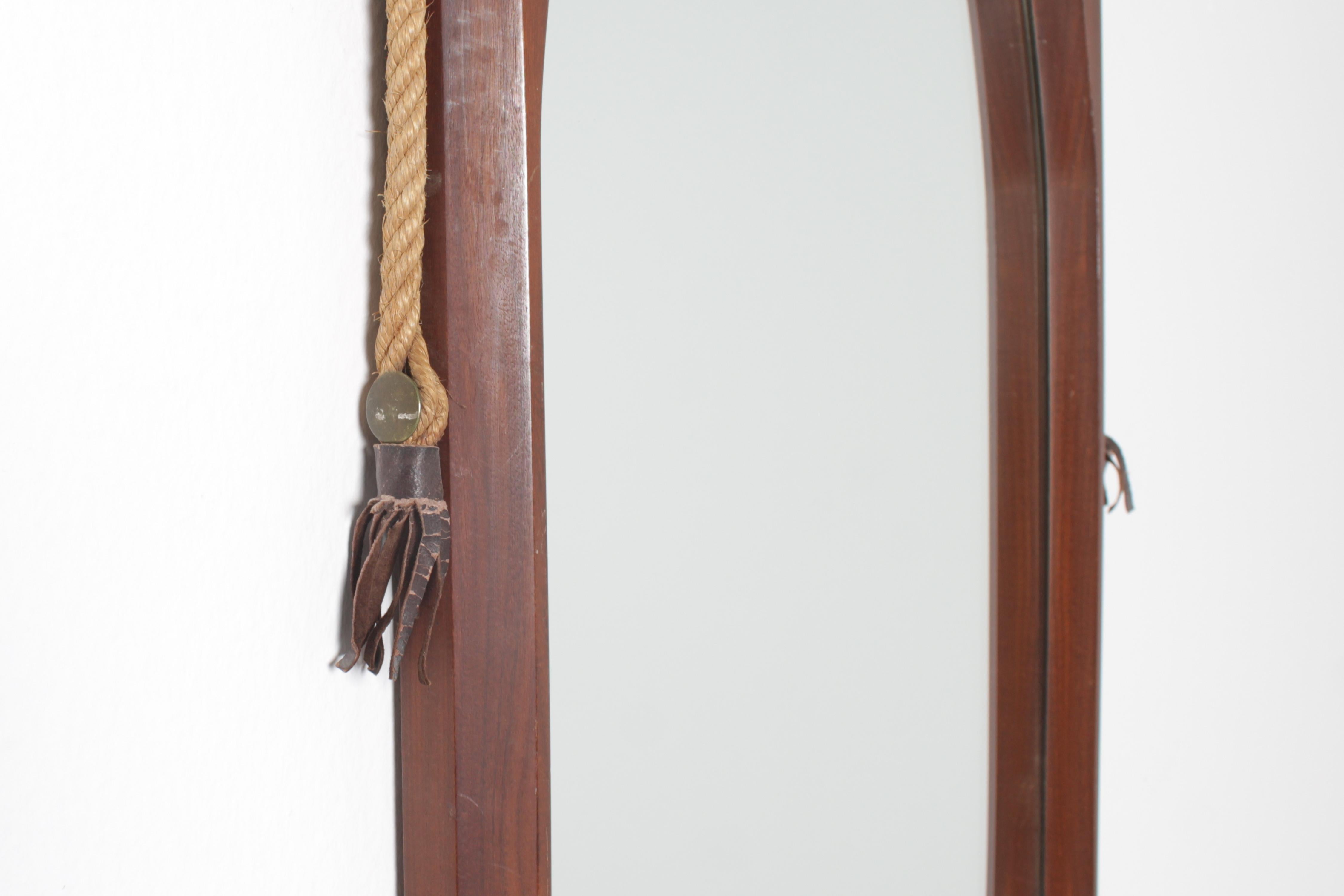 Mid-Century Geometric Wooden Wall Mirror with Rope, 60s Italy For Sale 4