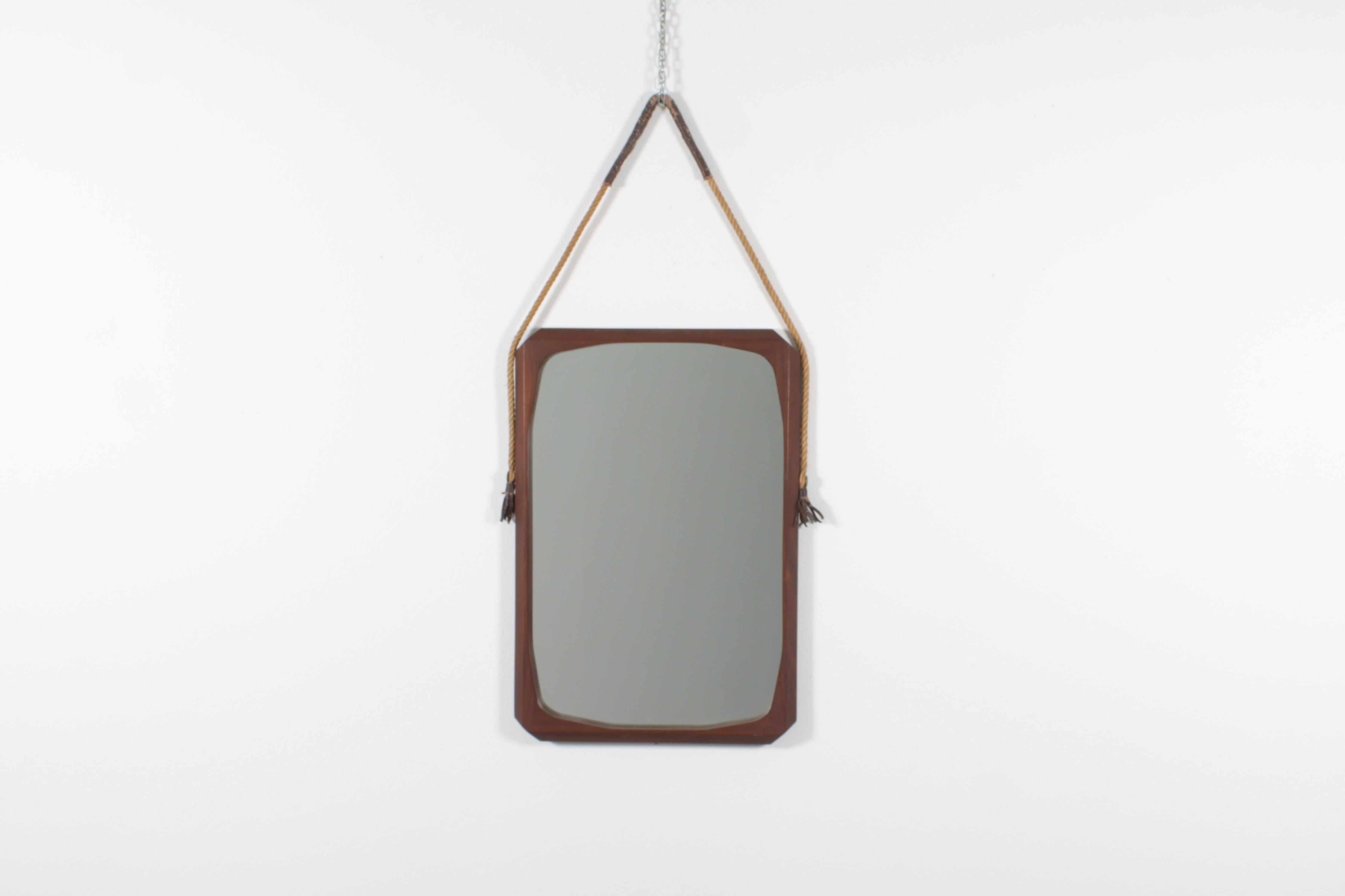 Mid-Century Modern Mid-Century Geometric Wooden Wall Mirror with Rope, 60s Italy For Sale
