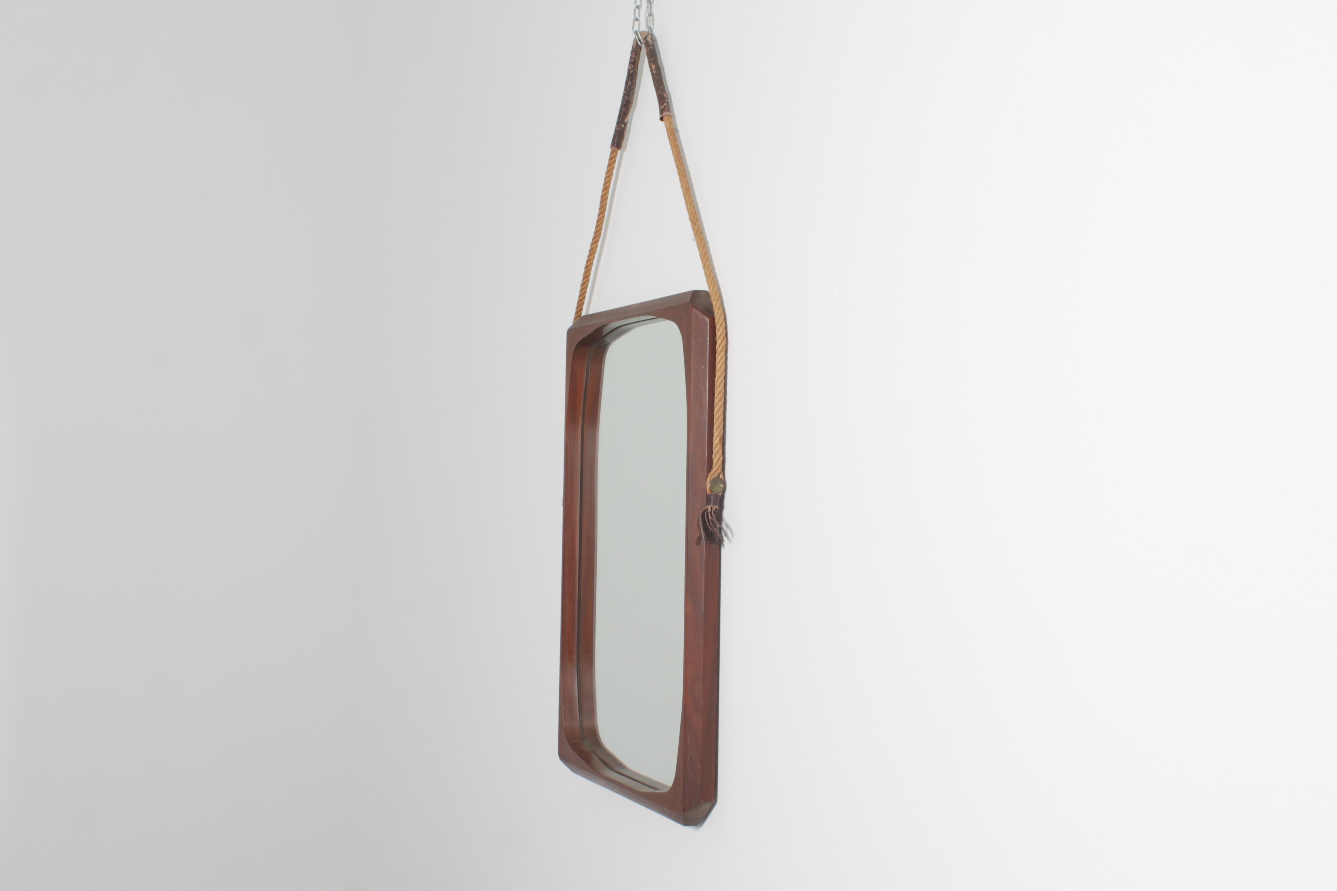 Italian Mid-Century Geometric Wooden Wall Mirror with Rope, 60s Italy For Sale