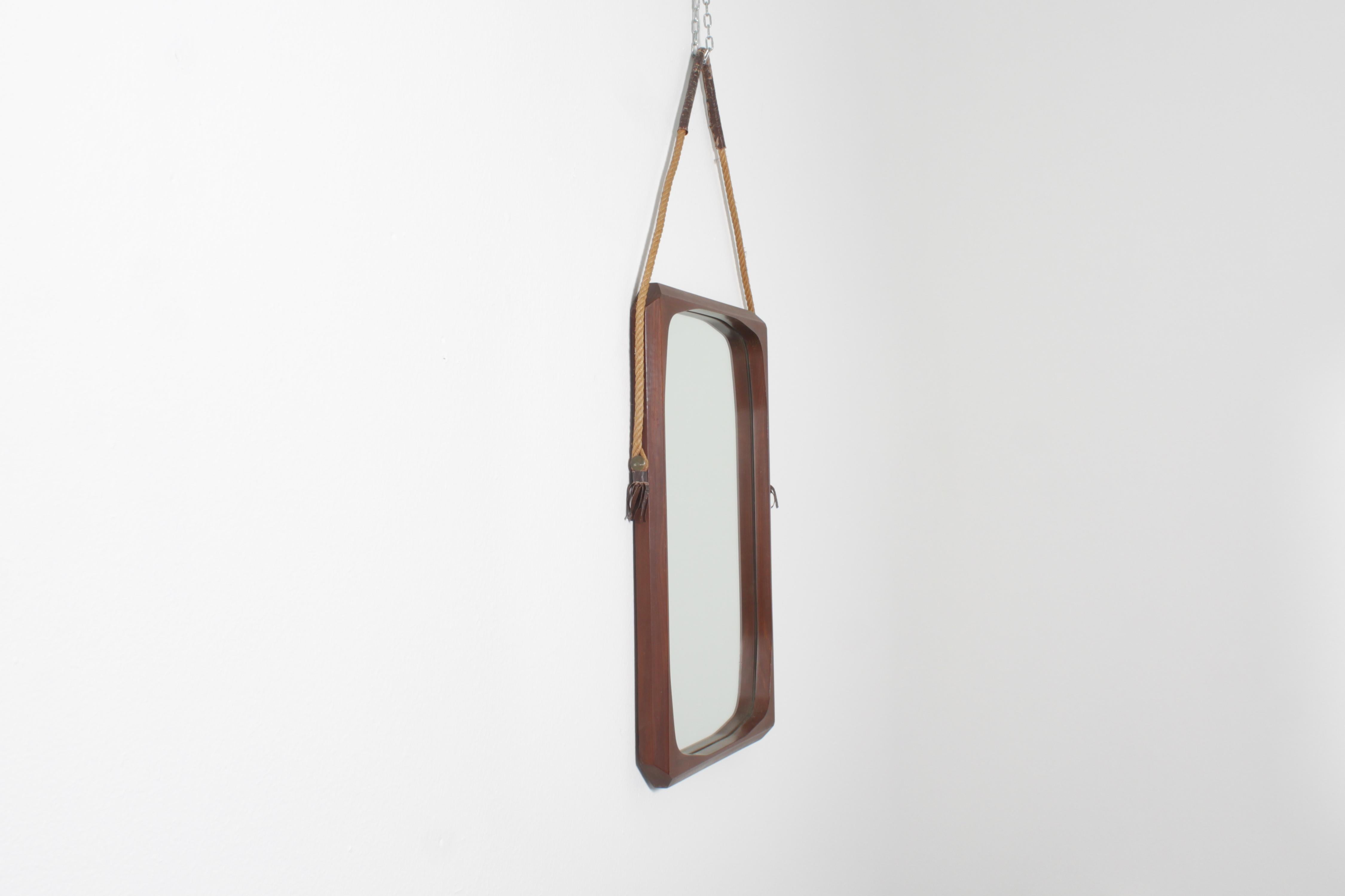 Mid-20th Century Mid-Century Geometric Wooden Wall Mirror with Rope, 60s Italy For Sale