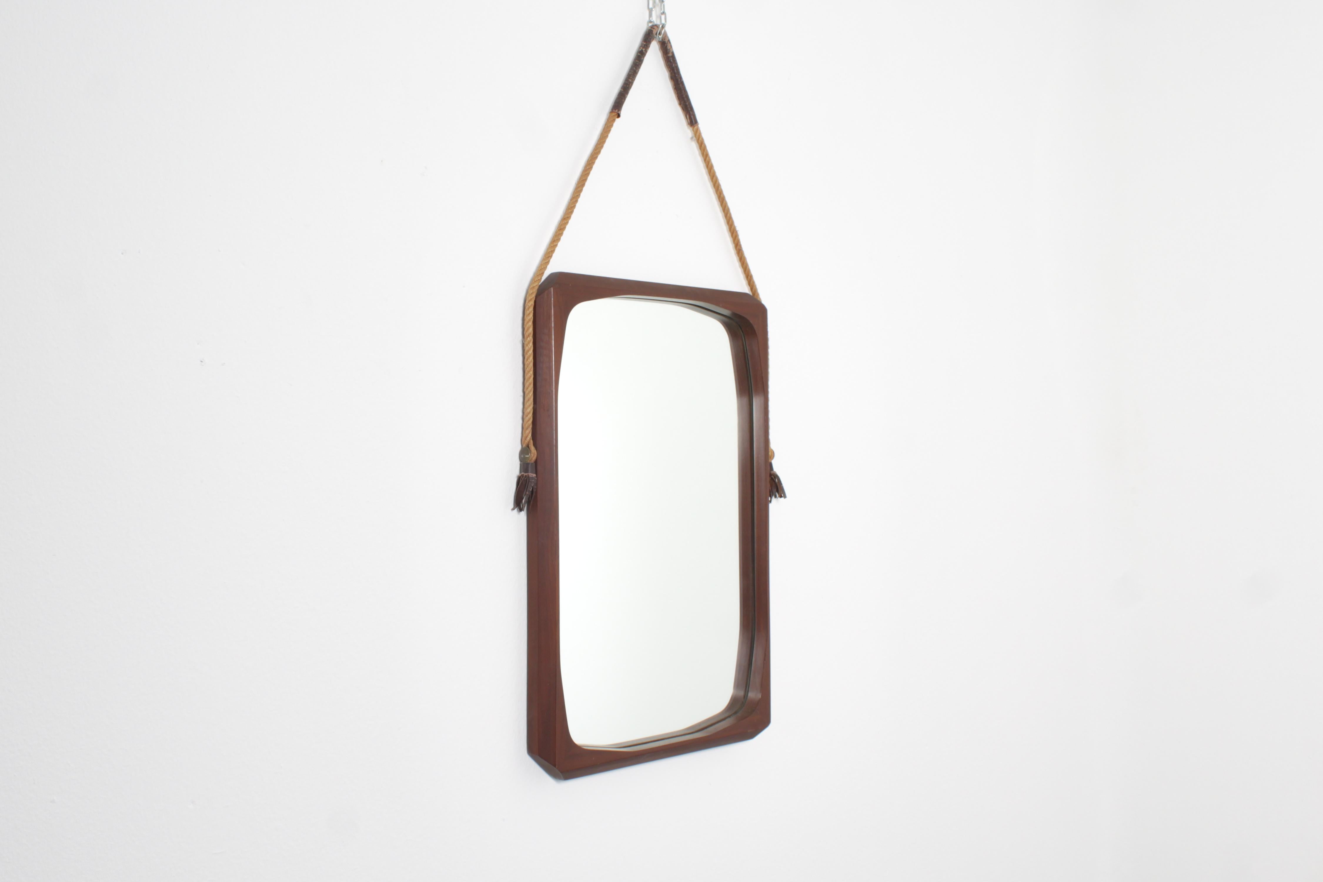 Mid-Century Geometric Wooden Wall Mirror with Rope, 60s Italy For Sale 1