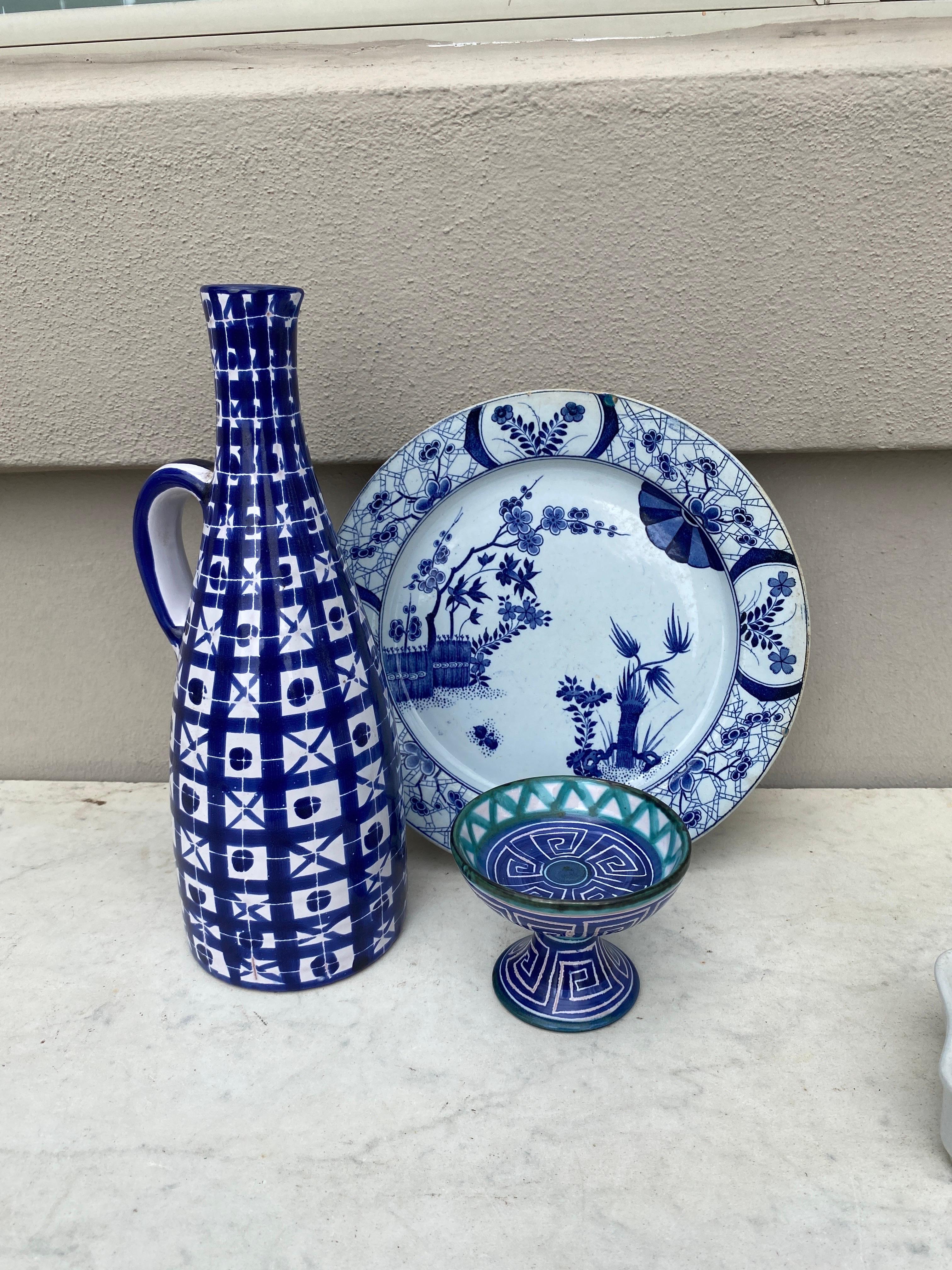 Mid-Century Geometrical Blue & White Pitcher Robert Picault Vallauris  In Good Condition For Sale In Austin, TX