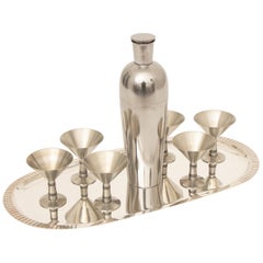 Midcentury Georg Jensen Cocktail Shaker with Six Matched Cocktail Goblets Prese