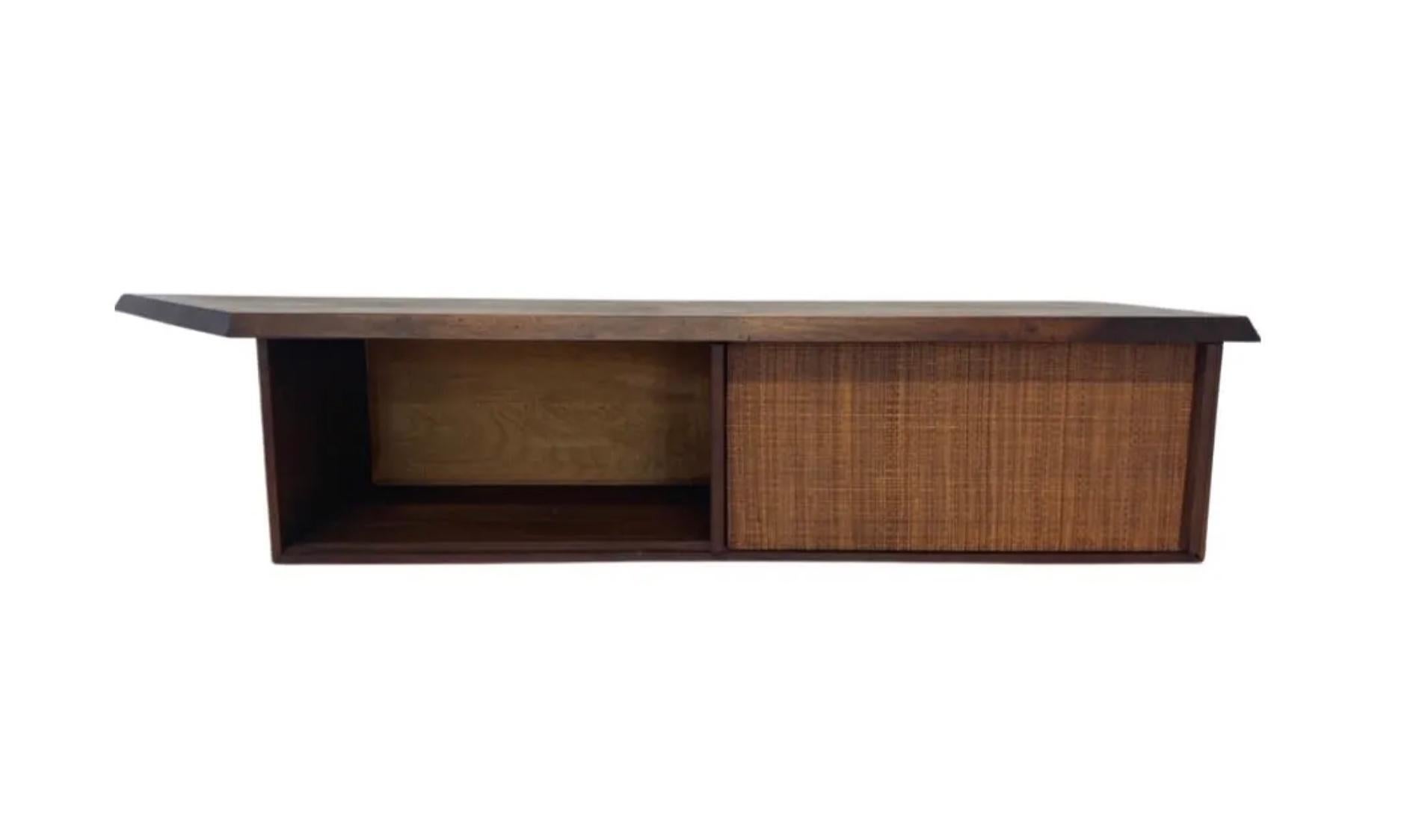 Mid Century George Nakashima Style Wall Mounted floating sliding door Credenza In Good Condition For Sale In BROOKLYN, NY