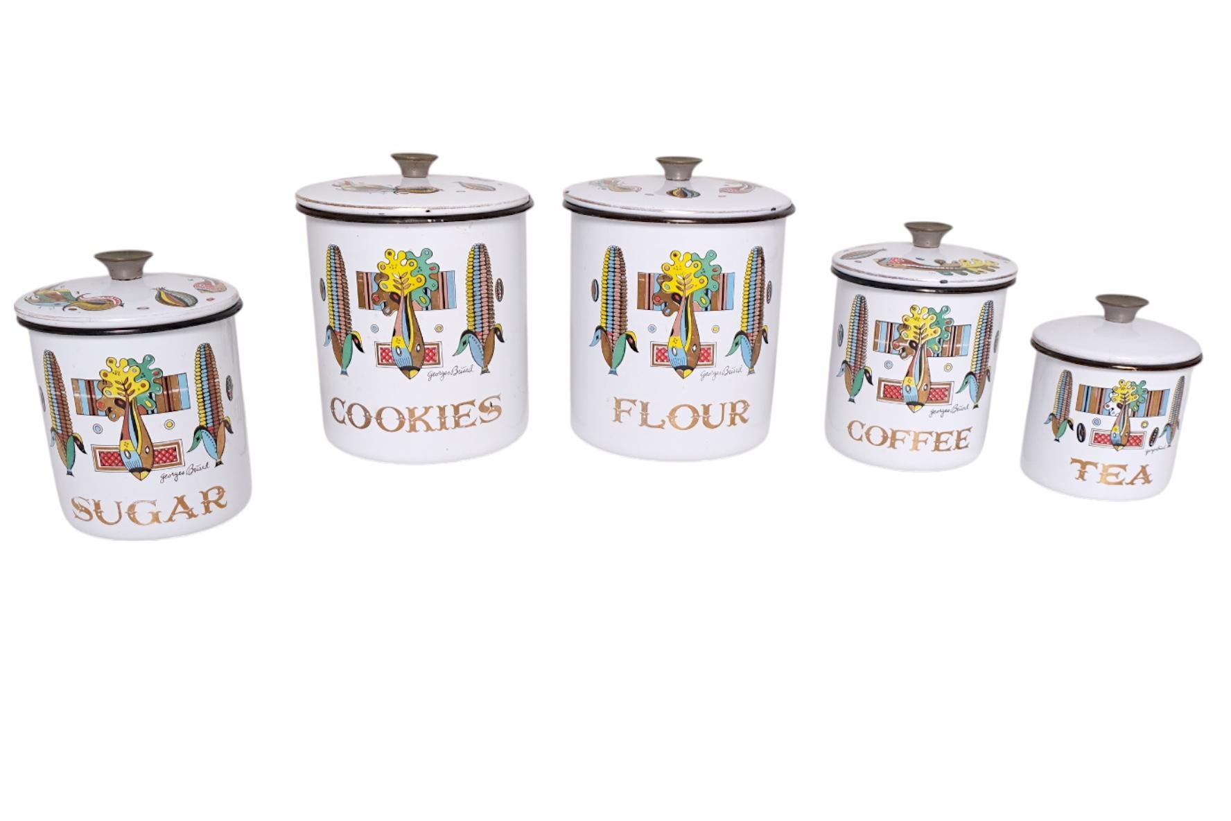 Mitte des Jahrhunderts Georges Briard Emaille-Kanister-Set mit Südwest-Mais-Motiv, Set (Moderne der Mitte des Jahrhunderts) im Angebot