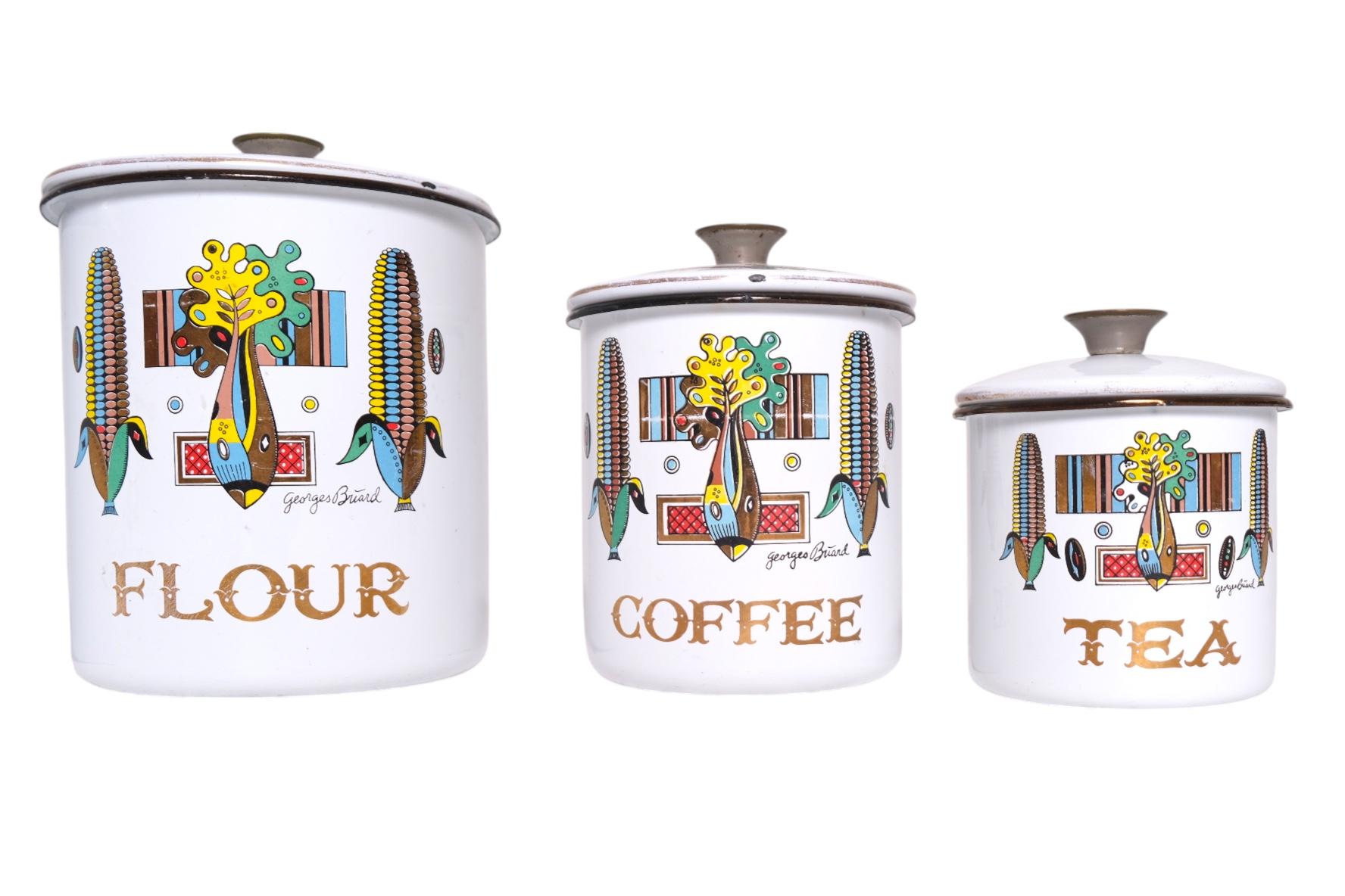 Mitte des Jahrhunderts Georges Briard Emaille-Kanister-Set mit Südwest-Mais-Motiv, Set im Angebot 1