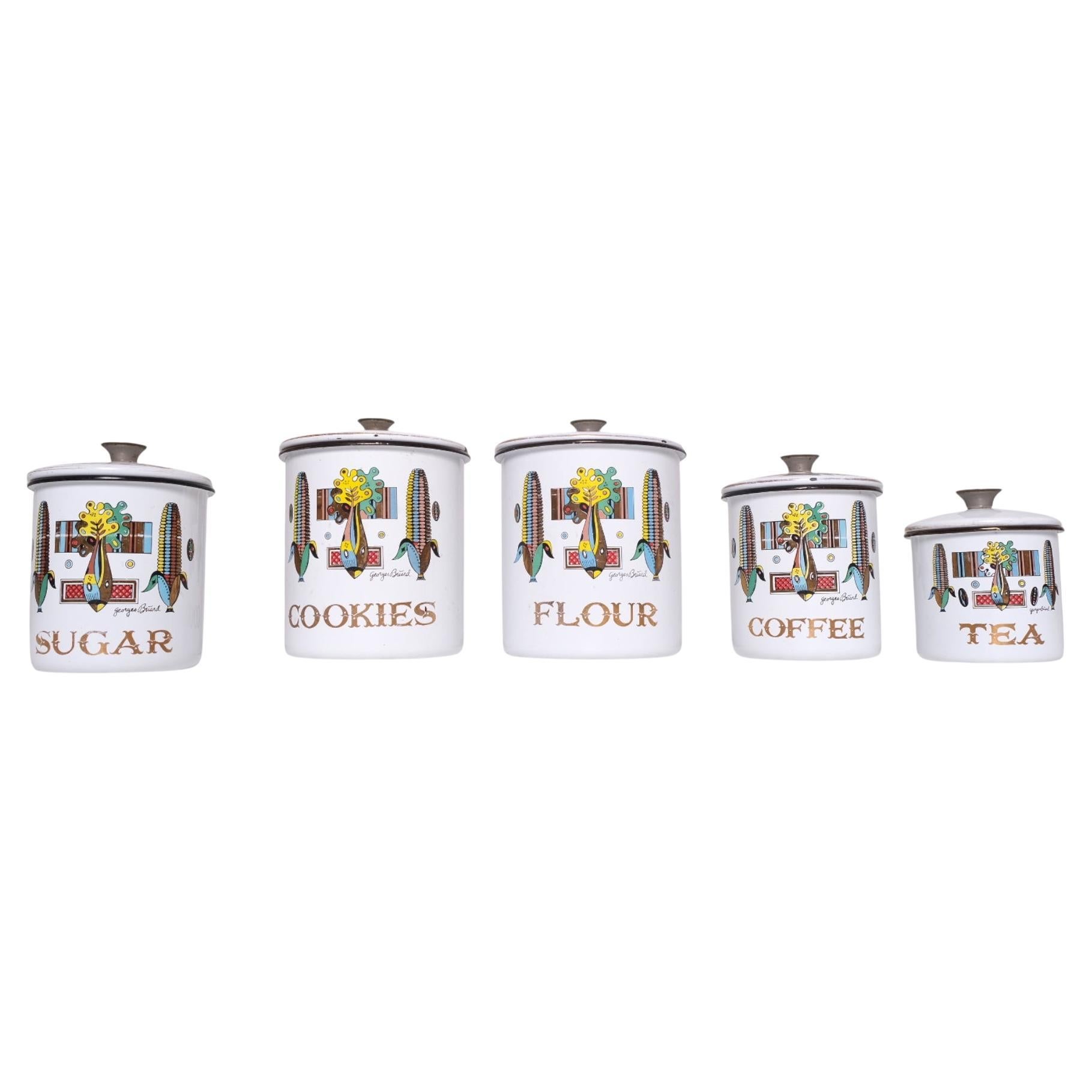 Mitte des Jahrhunderts Georges Briard Emaille-Kanister-Set mit Südwest-Mais-Motiv, Set im Angebot