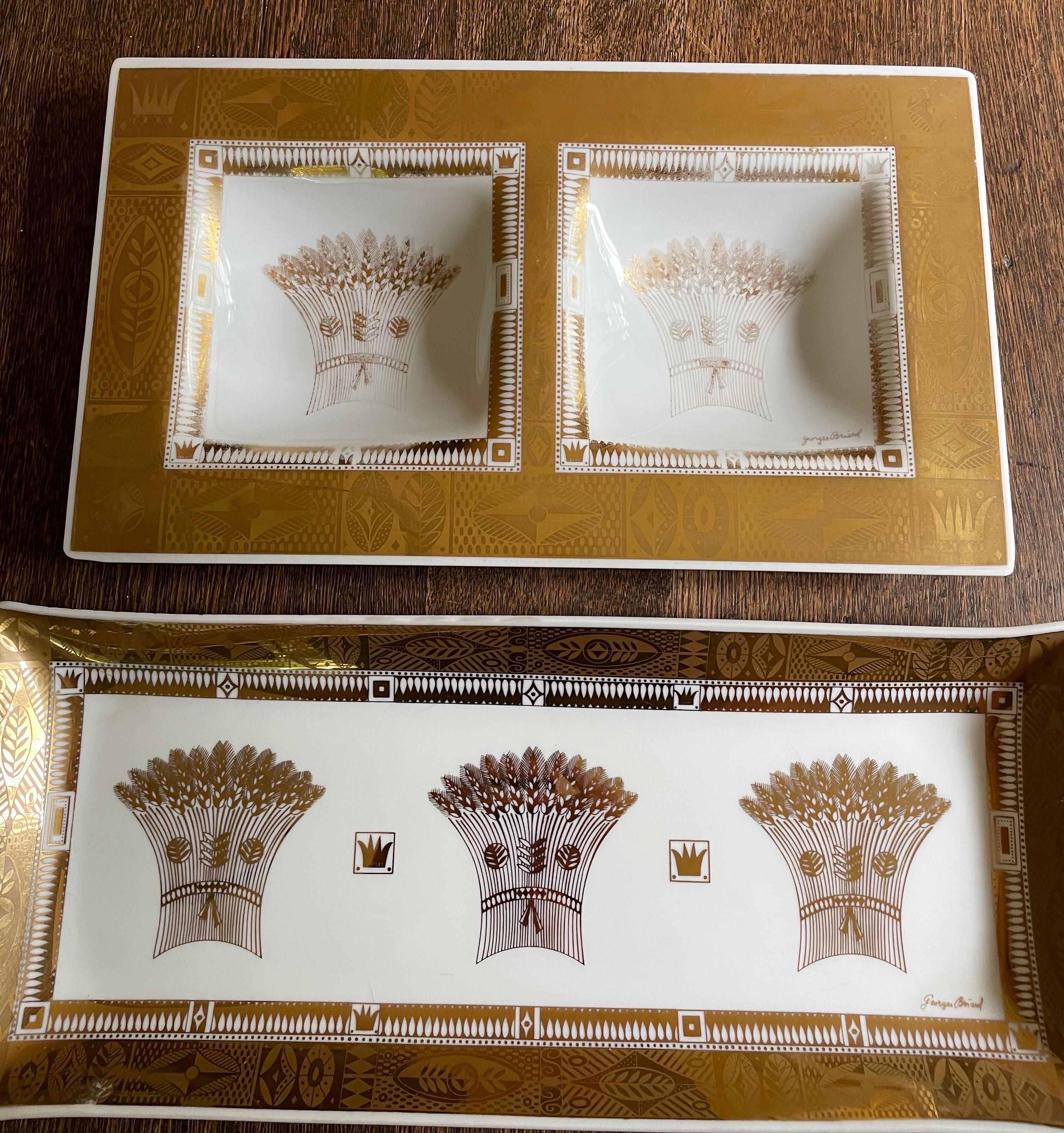 Beautiful pair of Georges Briard milk glass serving trays with gold leaf harvest accents.