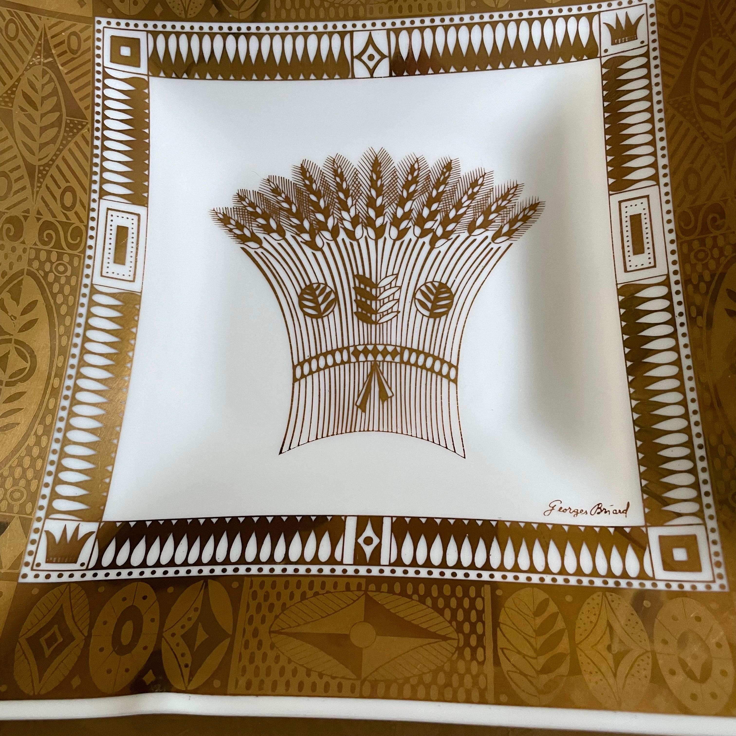 Nice pair of Georges Briard milk glass serving trays with gold leaf pattern.