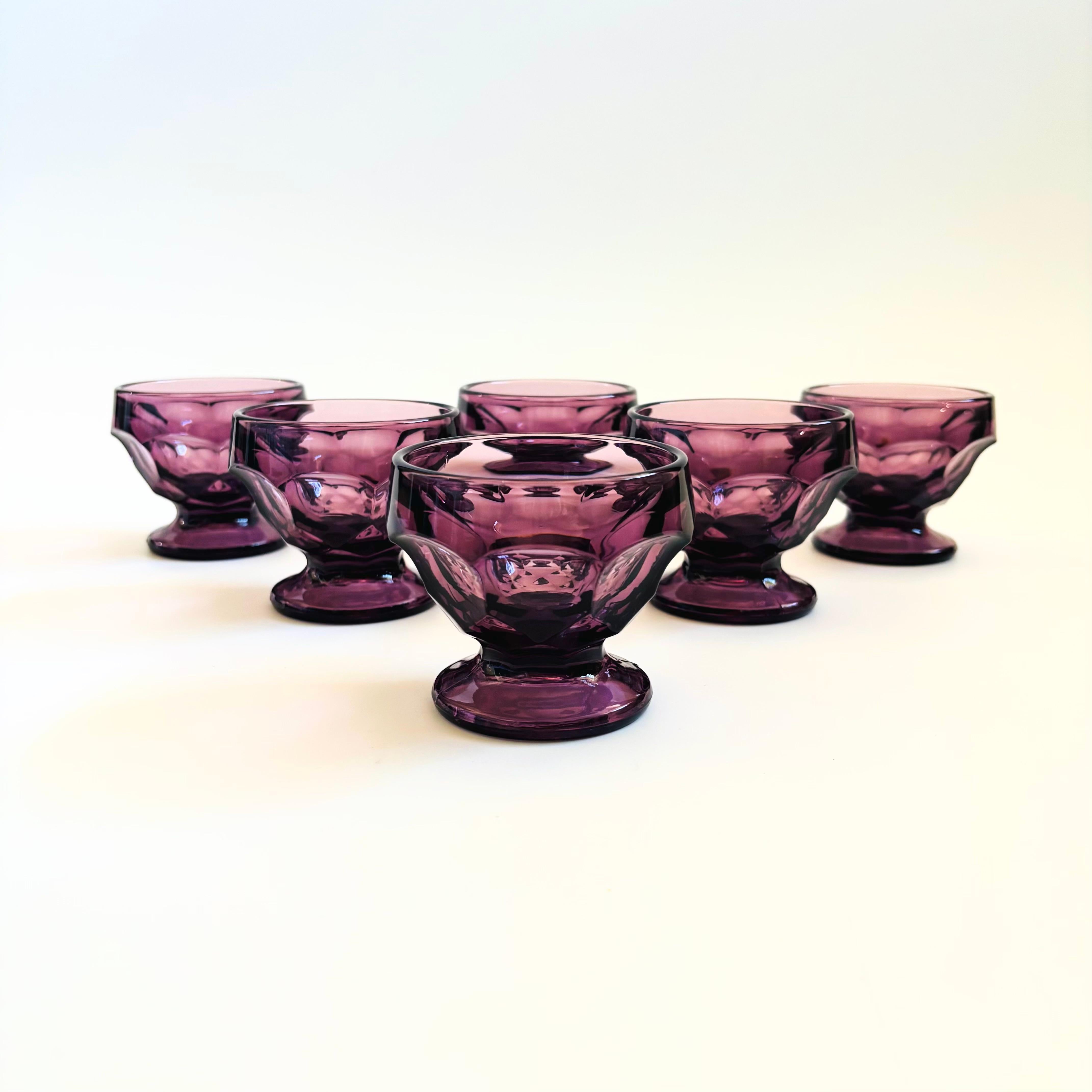 A set of 6 vintage amethyst purple coupe glasses. Made in the 