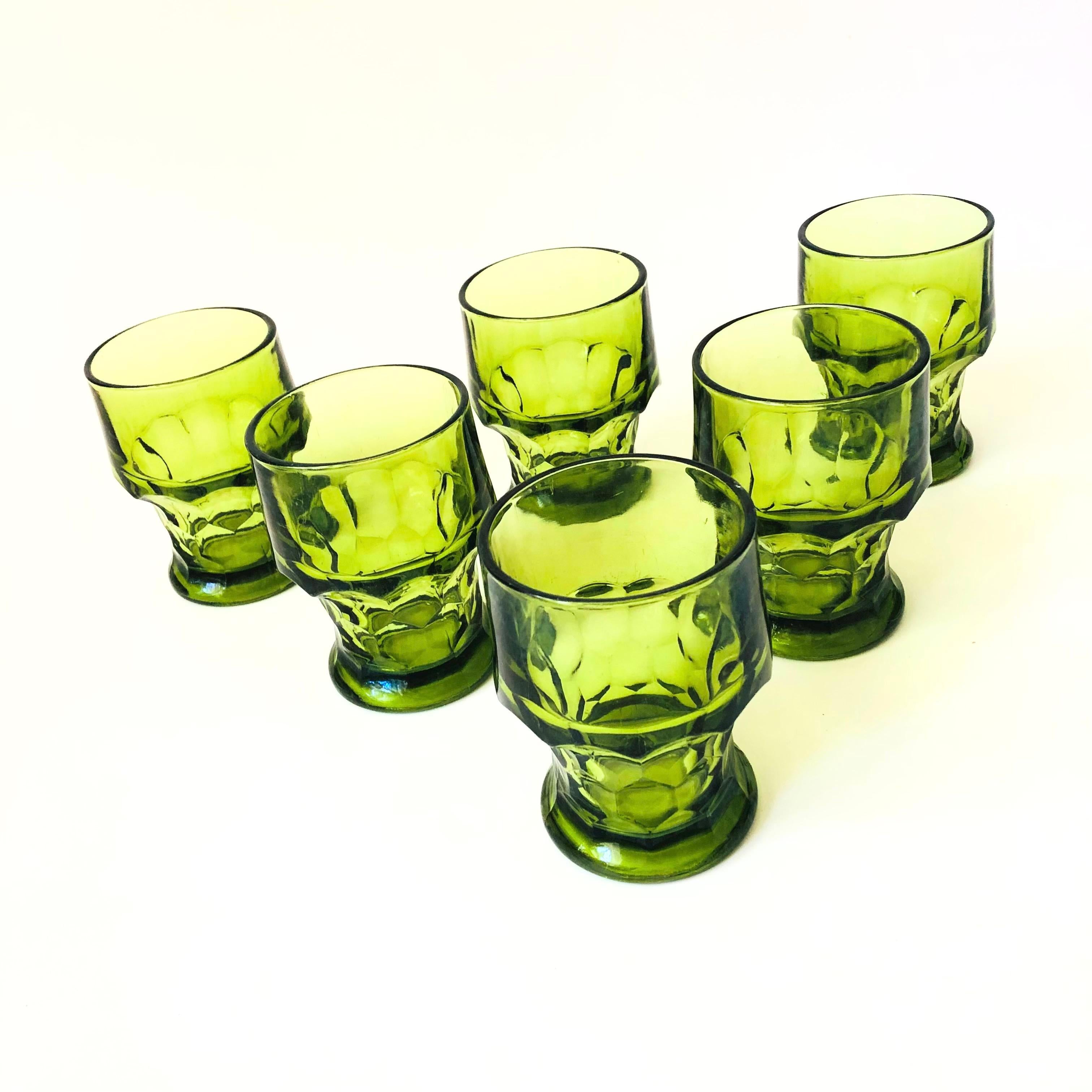 A set of 6 vintage green cocktail glasses. Made in the 