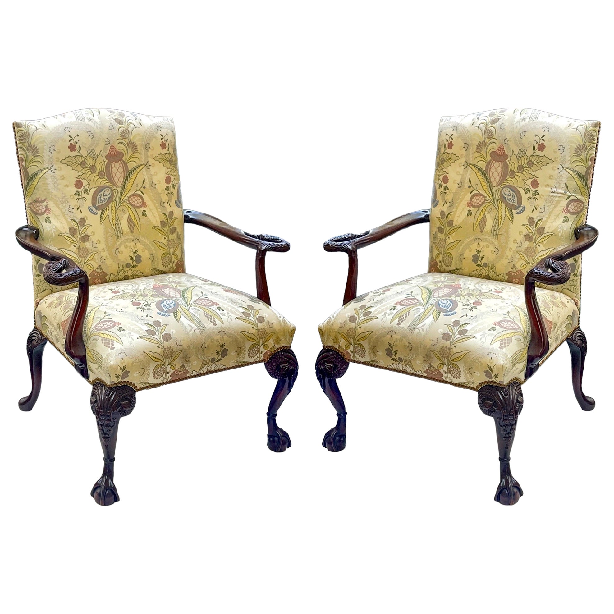 Mid-Century Georgian Style Carved Fruitwood Bergere Chairs W/ Eagle - Pair