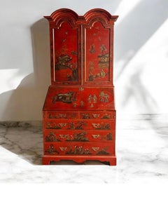 Mid-Century Georgian Style Red & Gilt Chinoiserie Secretary Desk
