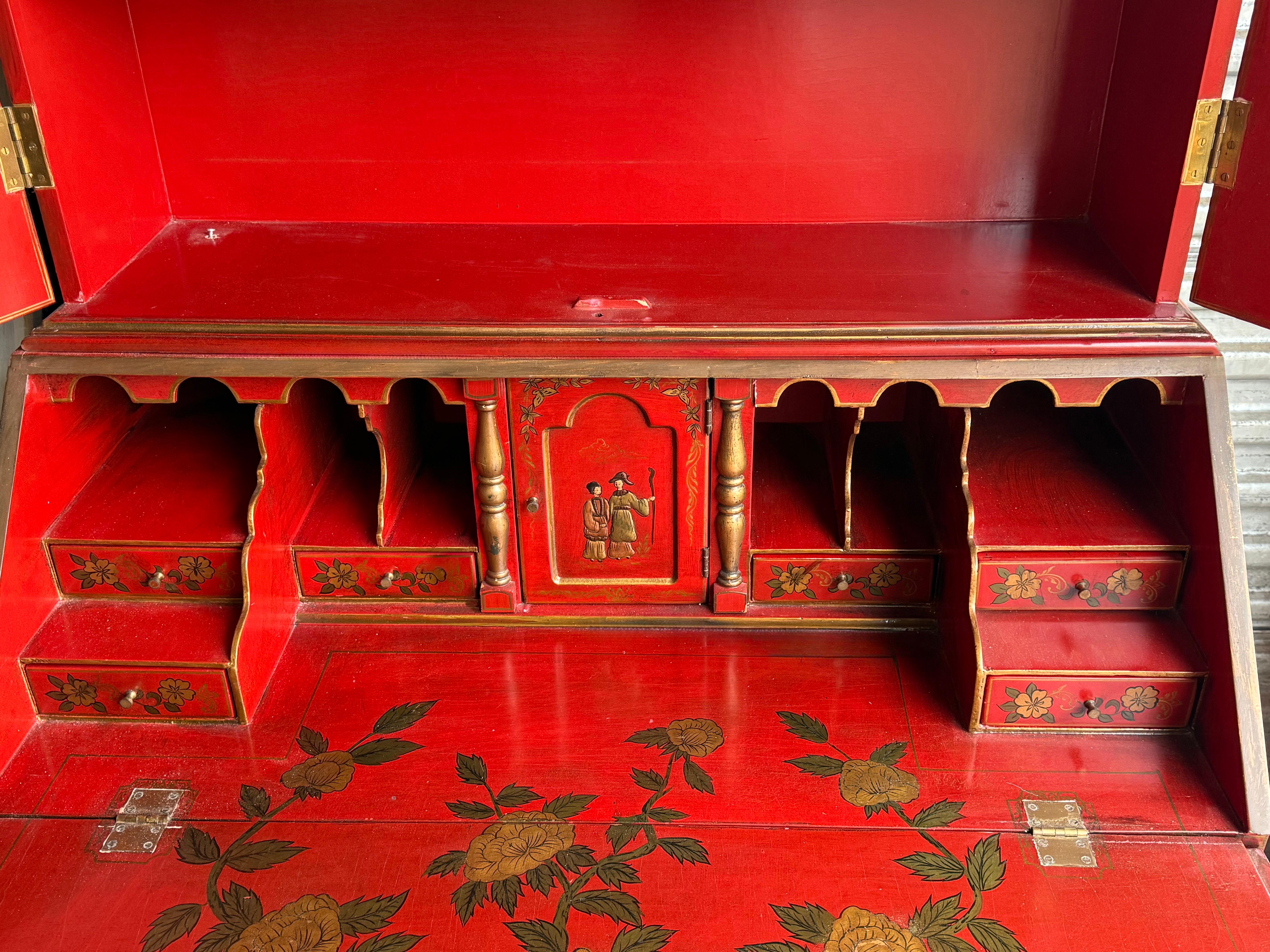 George III Mid-Century Georgian Style Red & Gilt Chinoiserie Secretary Desk For Sale