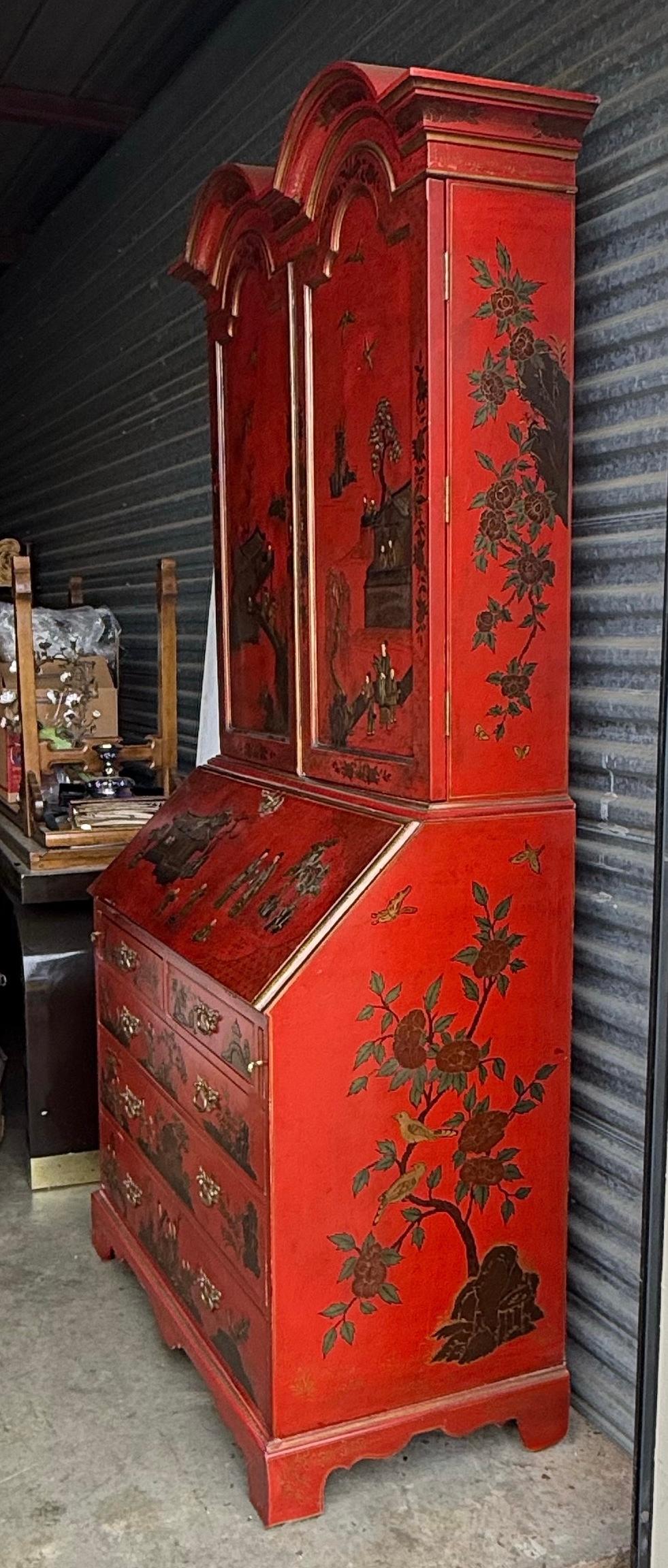 American Mid-Century Georgian Style Red & Gilt Chinoiserie Secretary Desk For Sale
