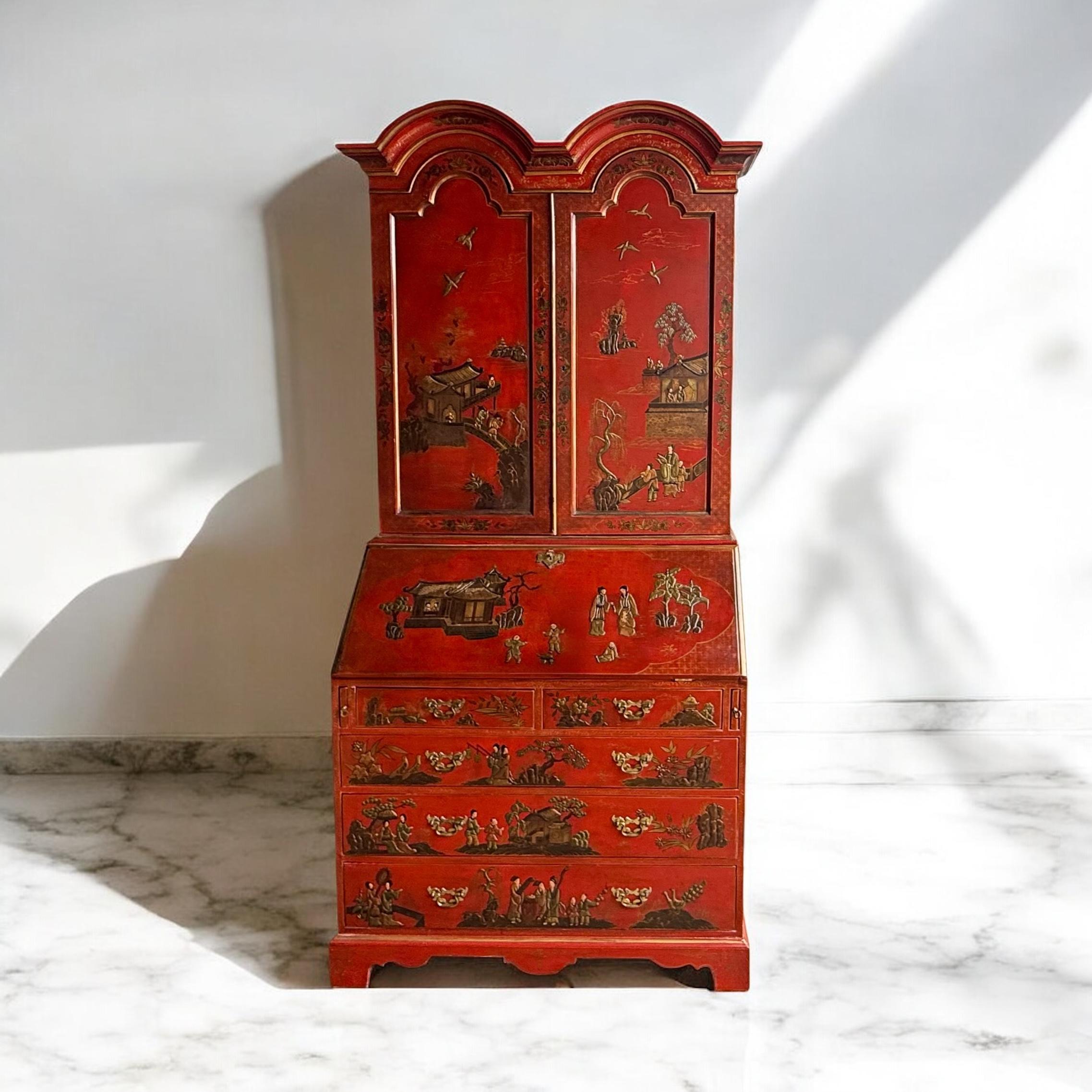 Wood Mid-Century Georgian Style Red & Gilt Chinoiserie Secretary Desk For Sale