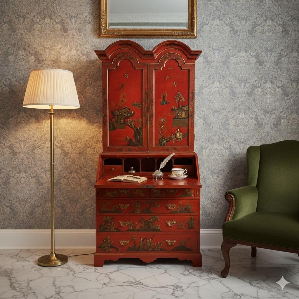 Escritorio de estilo georgiano de mediados de siglo con chinoiserie roja y dorada en venta 2