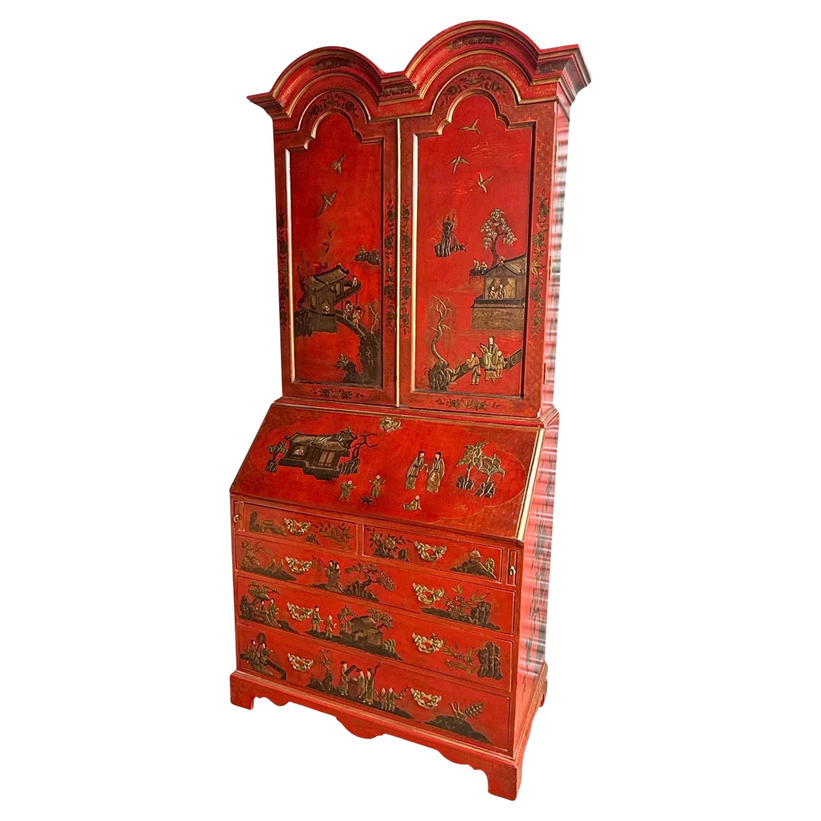 Mid-Century Georgian Style Red & Gilt Chinoiserie Secretary Desk For Sale