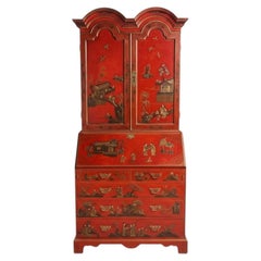 Mid-Century Georgian Style Red & Gilt Chinoiserie Secretary Desk