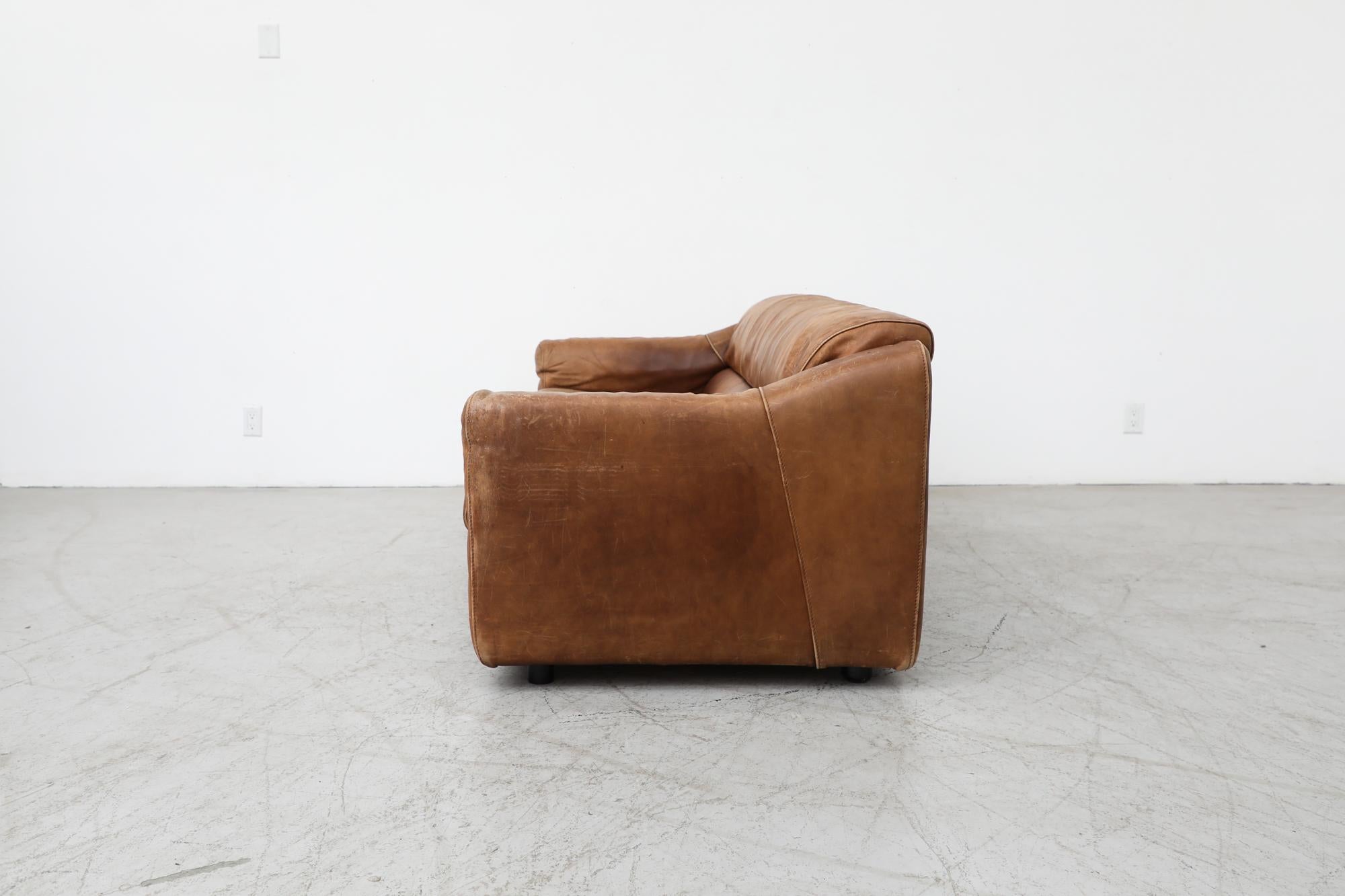 Dutch Midcentury Gerard Van Den Berg Style Large Brown Leather Sofa