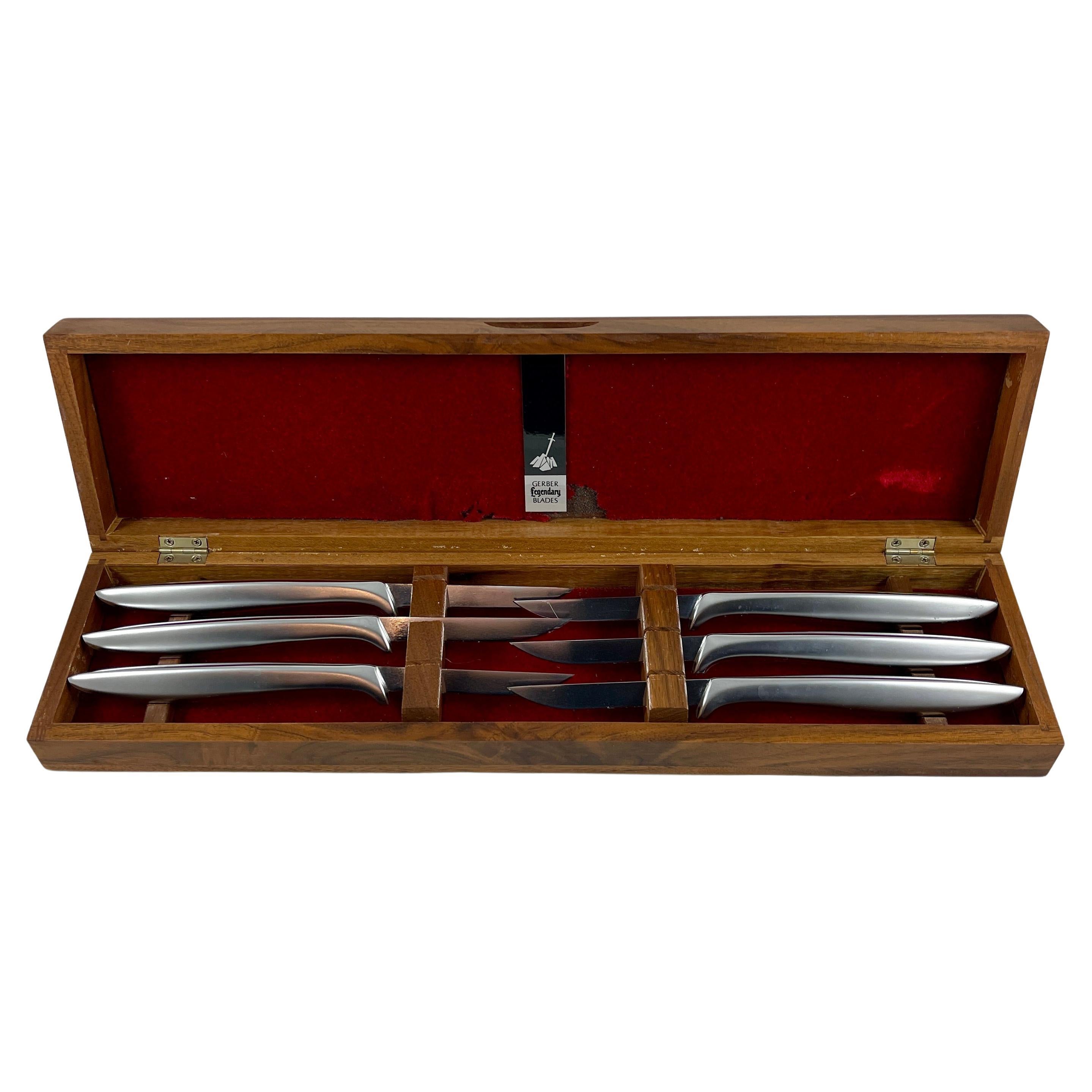 Mid-Century Gerber Miming Steak Knives in Fitted Walnut Box, S/6