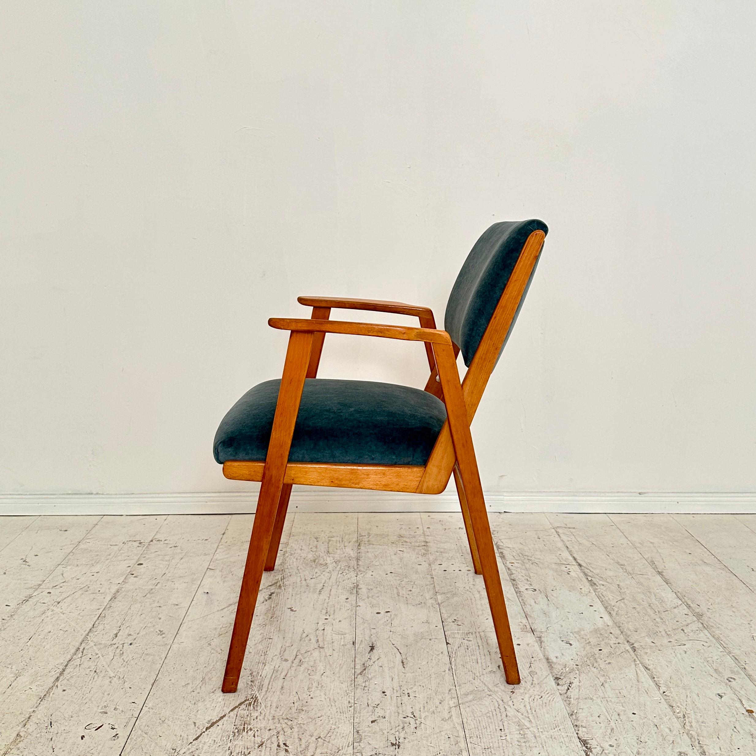 Mid-20th Century Mid Century German Armchair in Beech and Petrol Colored Velvet, around 1950