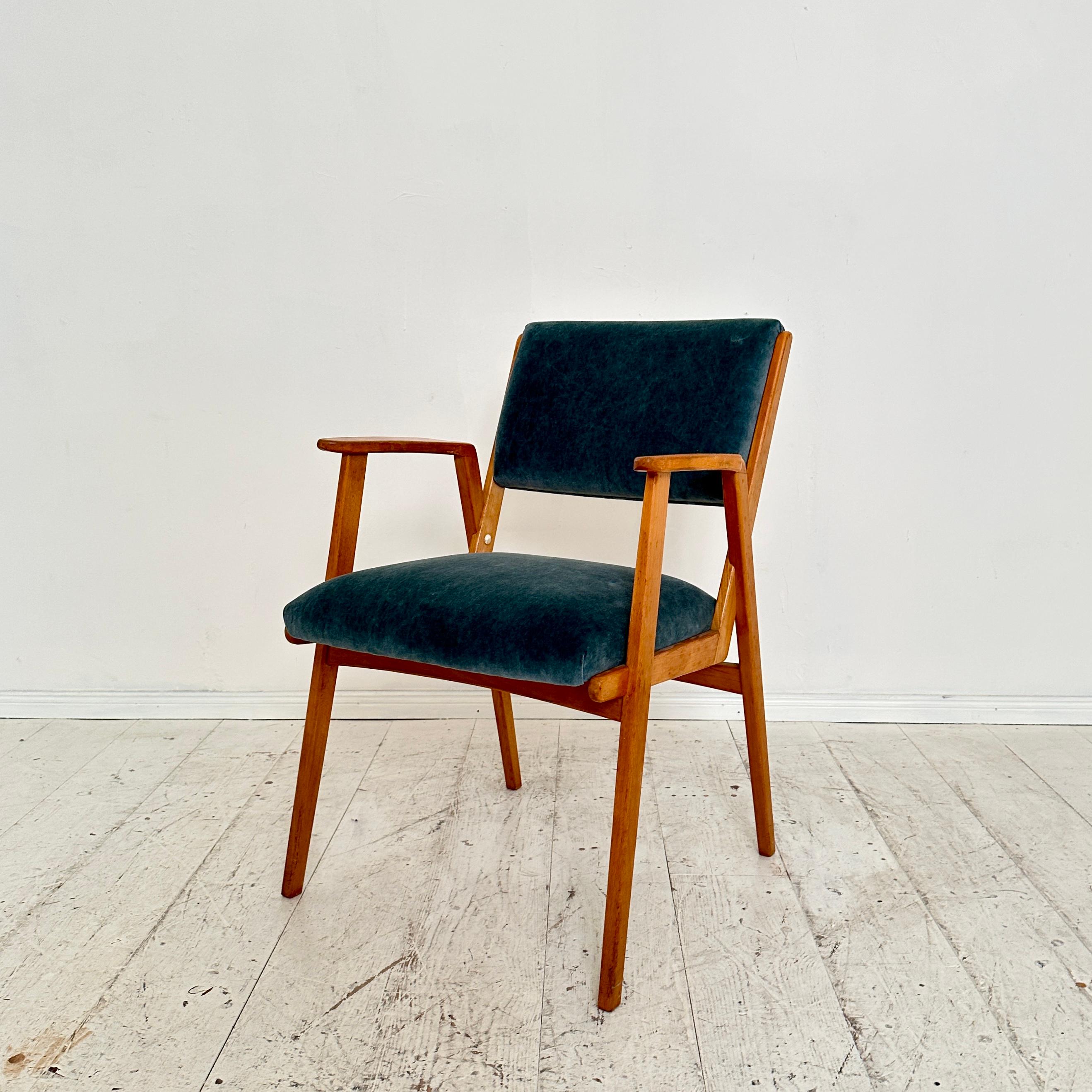 Upholstery Mid Century German Armchair in Beech and Petrol Colored Velvet, around 1950 For Sale