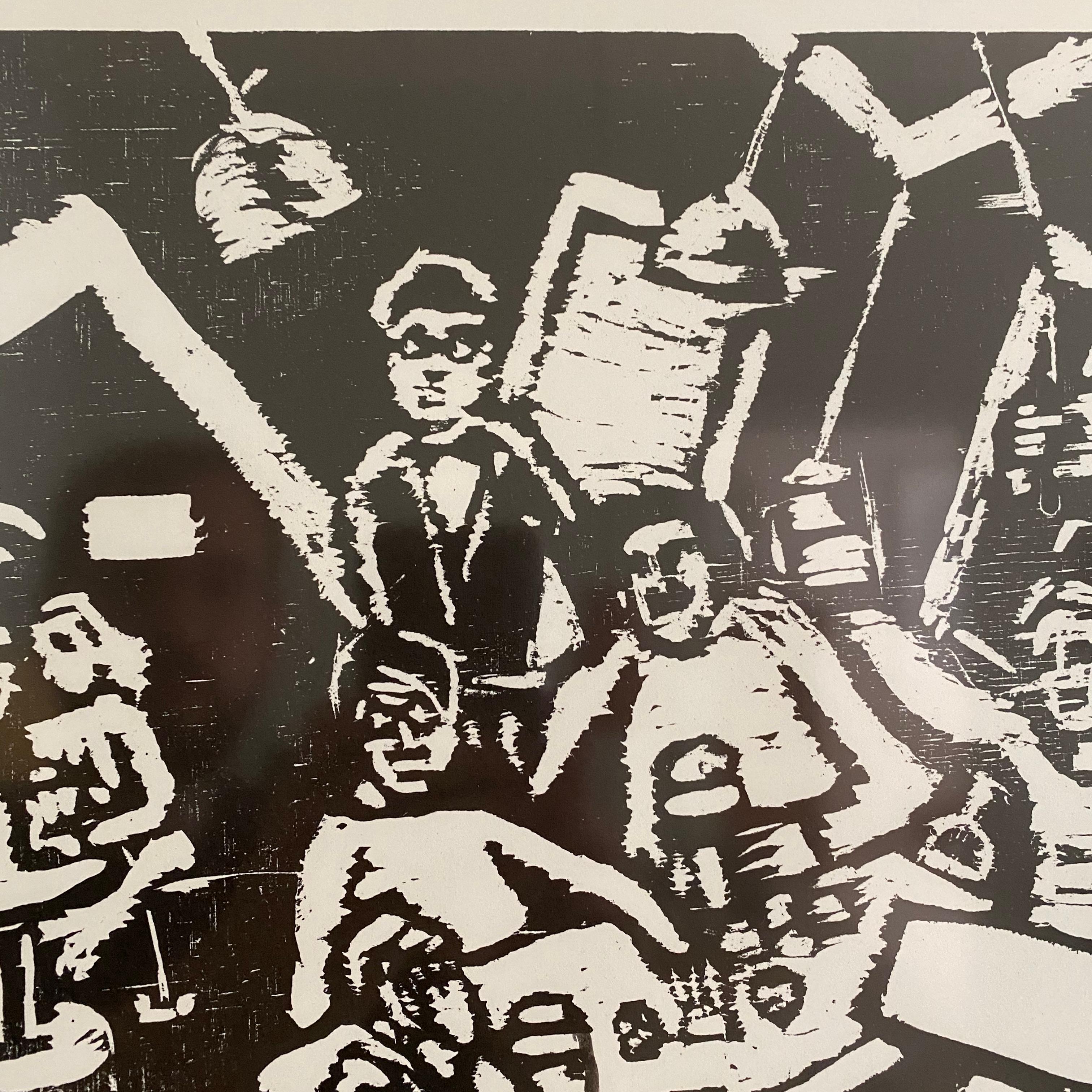 Hand-Painted Midcentury German Black and White Framed Linocut Showing a Bar Scene, 1970s