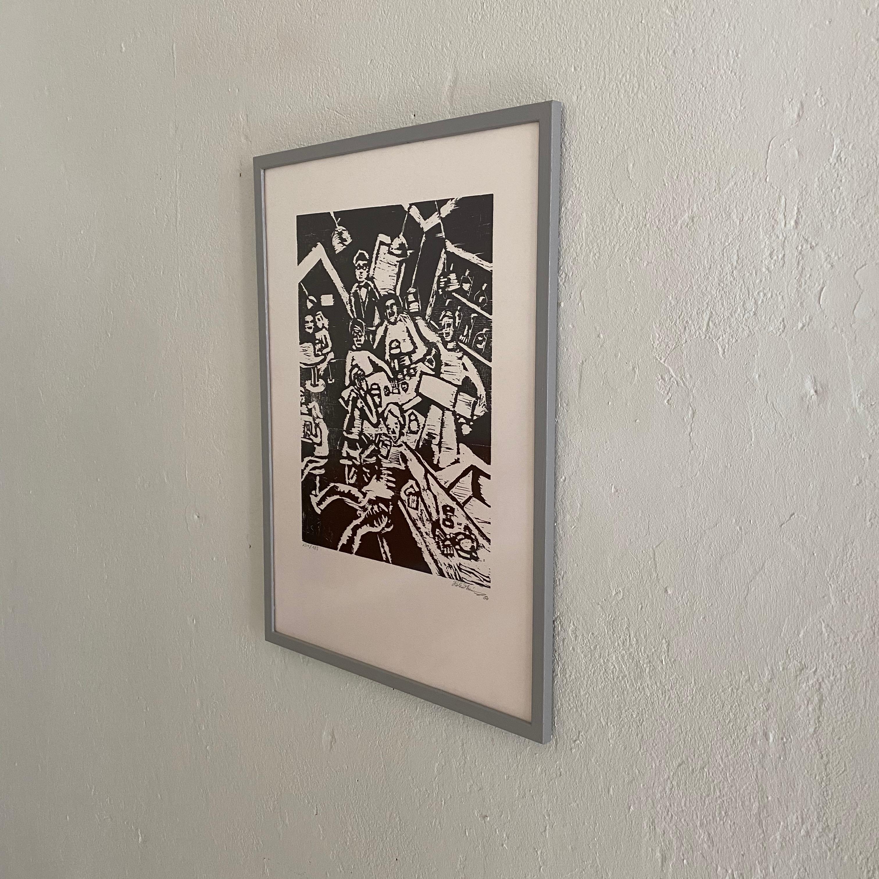 Midcentury German Black and White Framed Linocut Showing a Bar Scene, 1970s In Good Condition In Berlin, DE