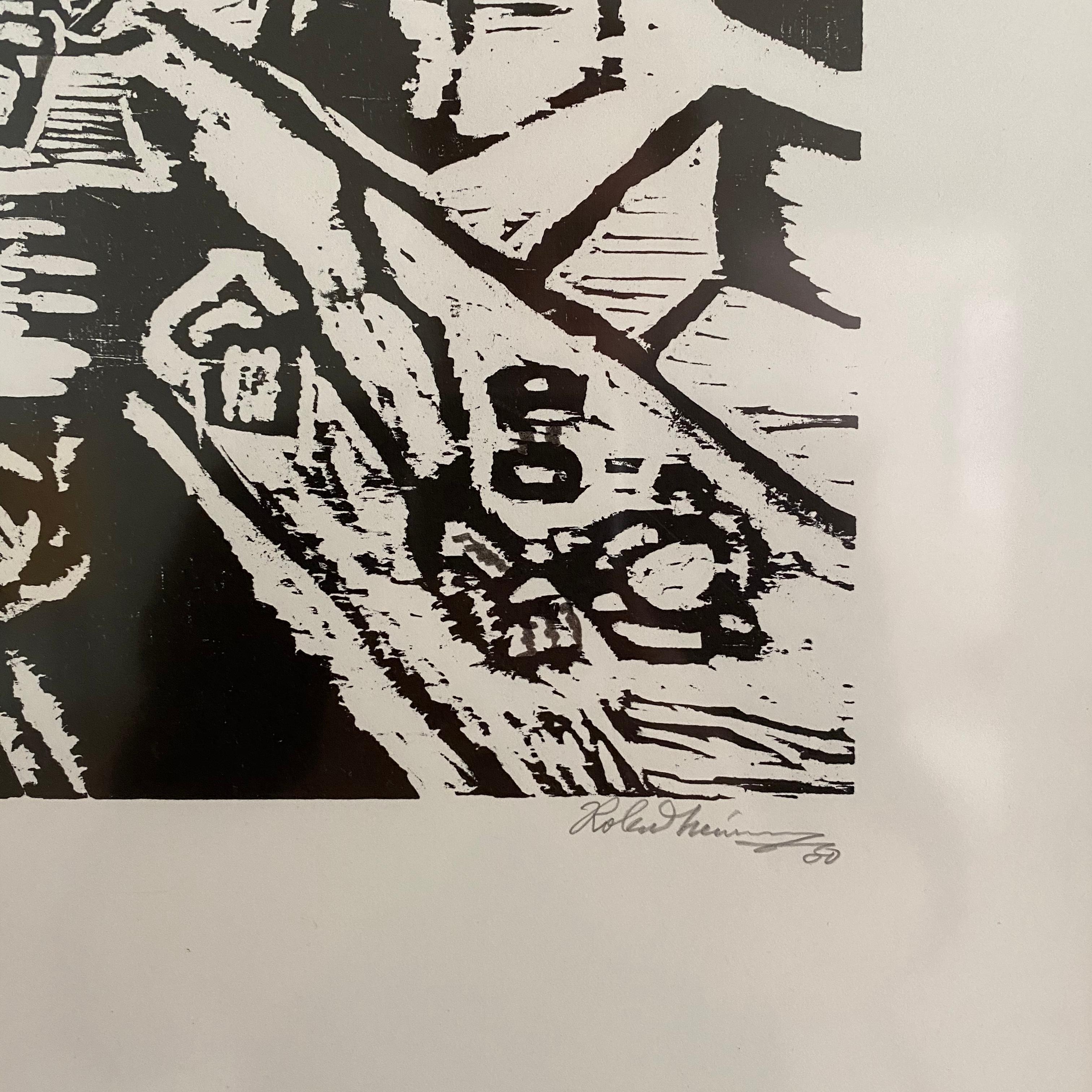 Late 20th Century Midcentury German Black and White Framed Linocut Showing a Bar Scene, 1970s