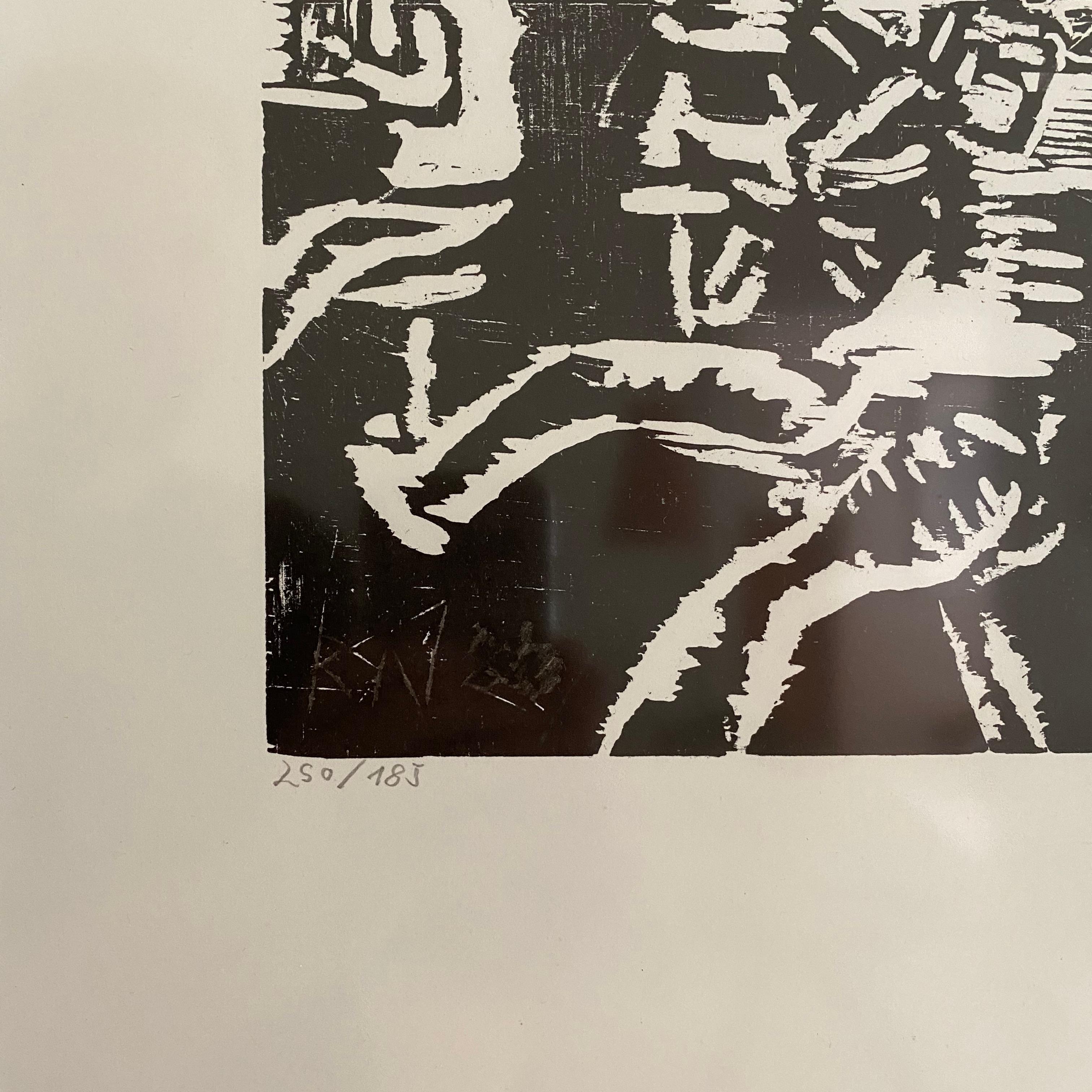 Glass Midcentury German Black and White Framed Linocut Showing a Bar Scene, 1970s