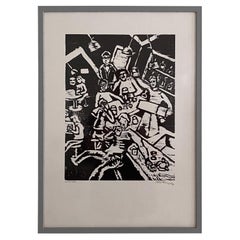 Midcentury German Black and White Framed Linocut Showing a Bar Scene, 1970s