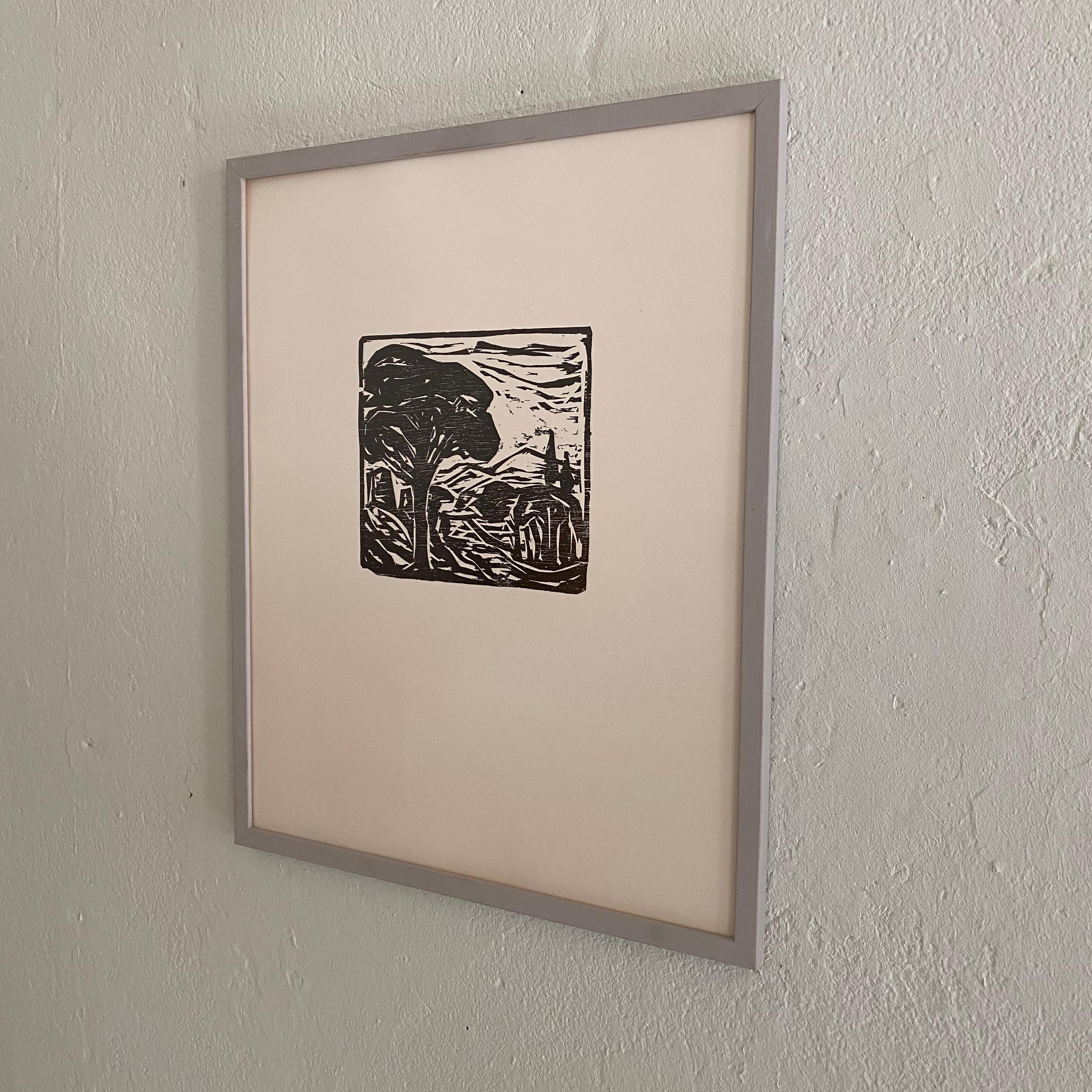 Mid-Century Modern Midcentury German Black and White Framed Linocut Showing a Landscape, 1970s