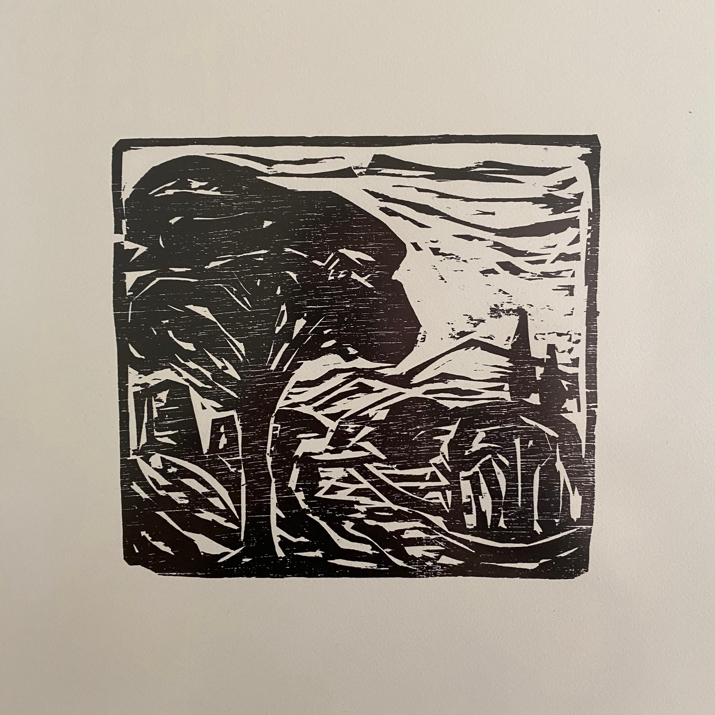 Hand-Painted Midcentury German Black and White Framed Linocut Showing a Landscape, 1970s