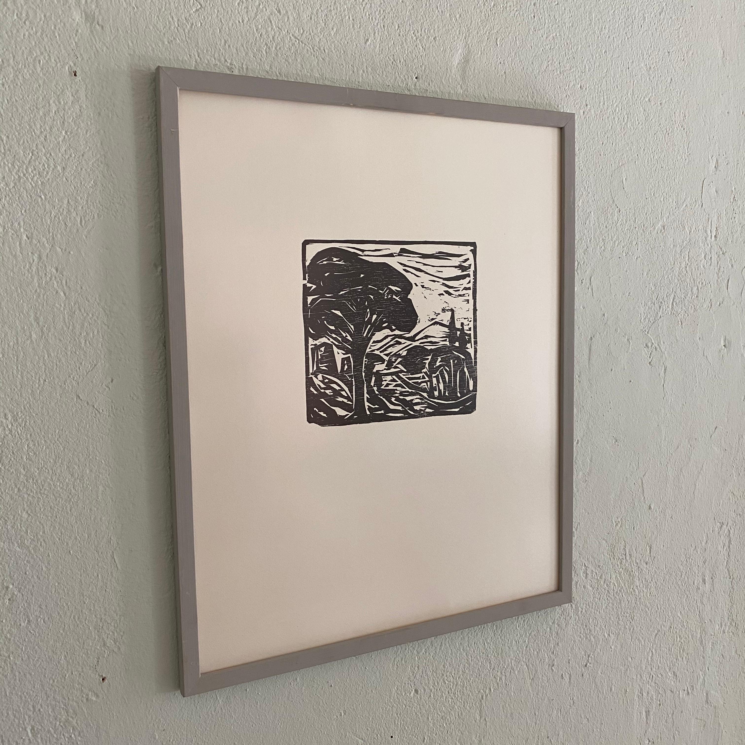 Midcentury German Black and White Framed Linocut Showing a Landscape, 1970s In Good Condition In Berlin, DE