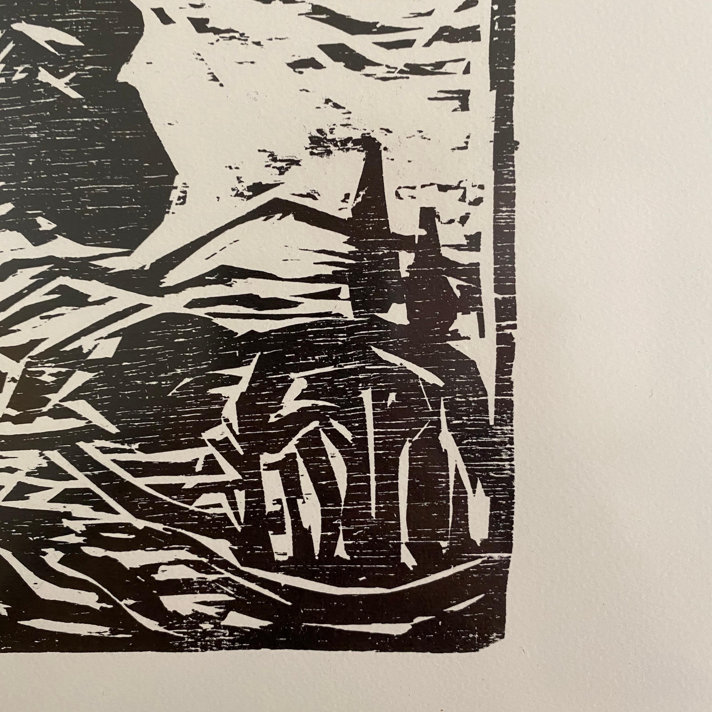 Late 20th Century Midcentury German Black and White Framed Linocut Showing a Landscape, 1970s