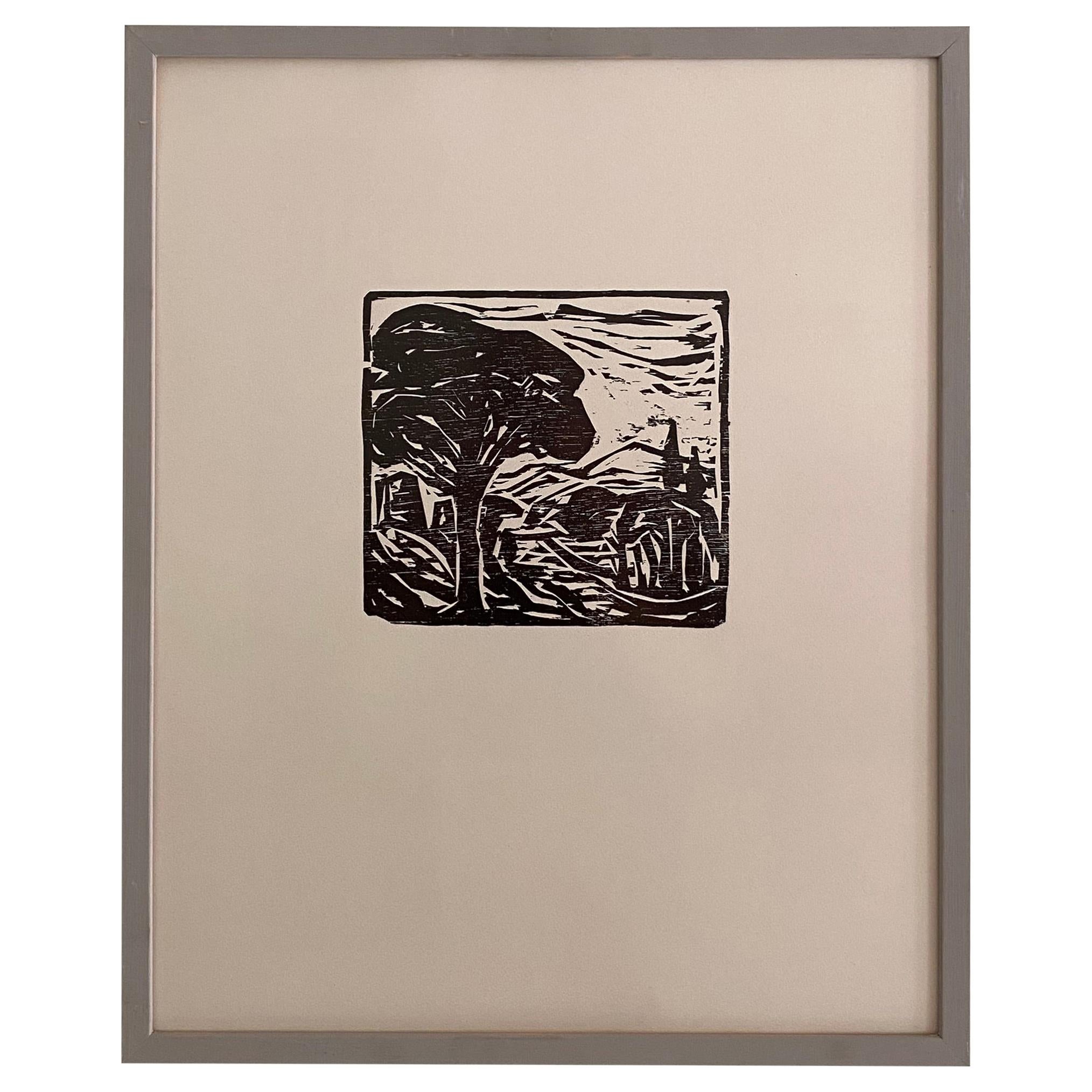 Midcentury German Black and White Framed Linocut Showing a Landscape, 1970s
